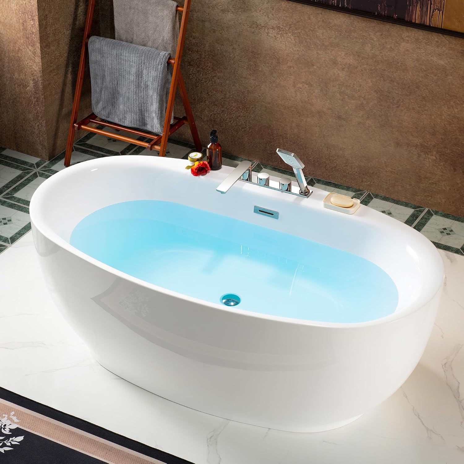 WOODBRIDGE 66' Acrylic Freestanding Bathtub Contemporary Soaking White Tub with Brushed Nickel Overflow & Drain and Faucet,B0027-BN