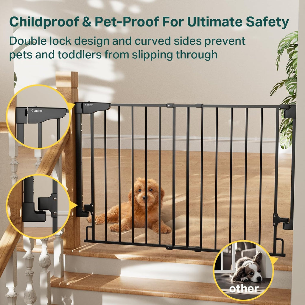 Cumbor 2 Pack 29.2-43' No Bottom Bar Baby Gate for Stairs, 2-in-1 Auto Close Dog Gate Indoor, Hardware Mounted Pet Gate for Doorways with Large Walk Thru Door, Child-Proof Safety Gate for Kids (Black)
