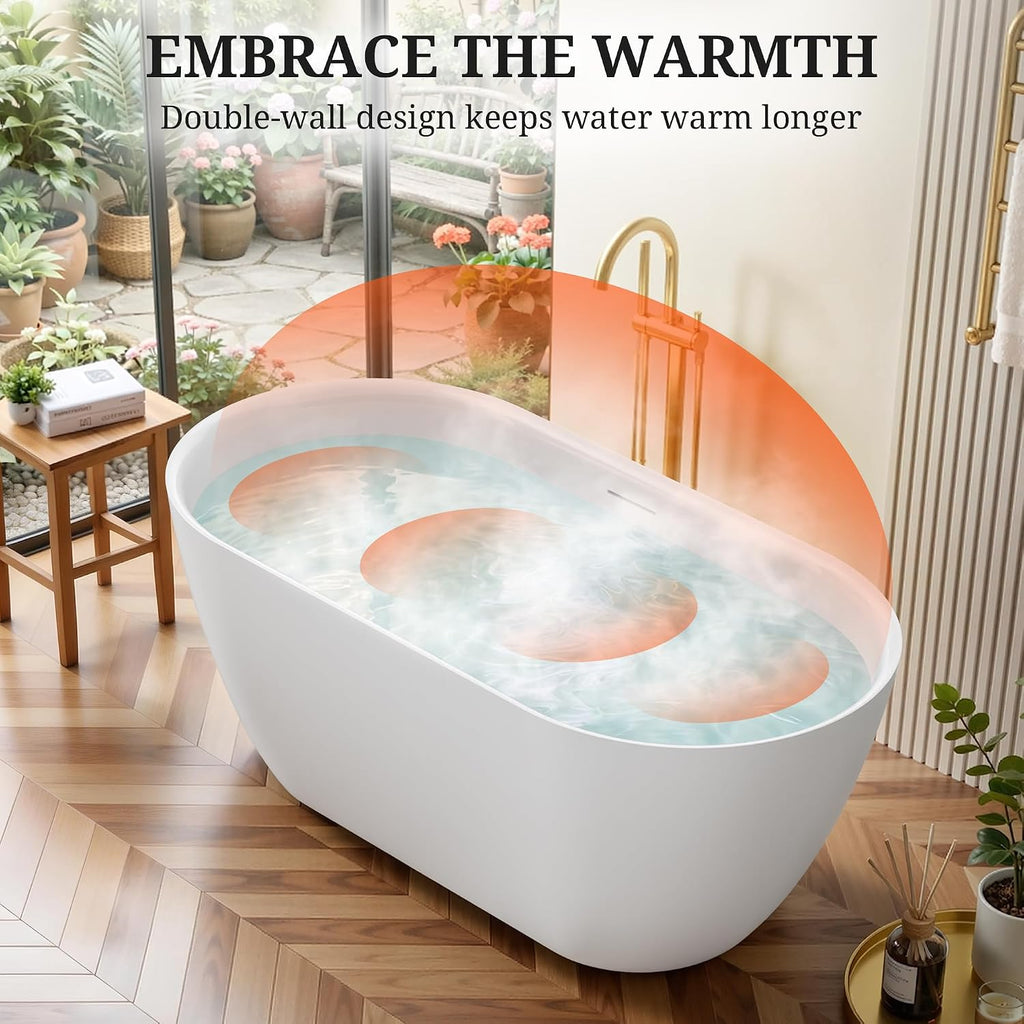59' Freestanding Bathtub cUPC Certified, Acrylic Oval Deep Soaking Tub, Fiberglass Reinforced Stand Alone Bathtub with Integrated Overflow & Drain, Ergonomic Design, Glossy White Modern Bathroom Tub