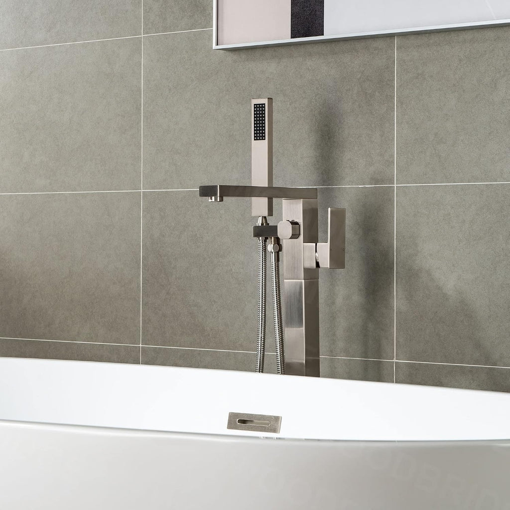 Woodbridge Brushed Nickel Freestanding Tub Filler Single Handle Floor Mounted Faucets with Handheld Shower. Square Design