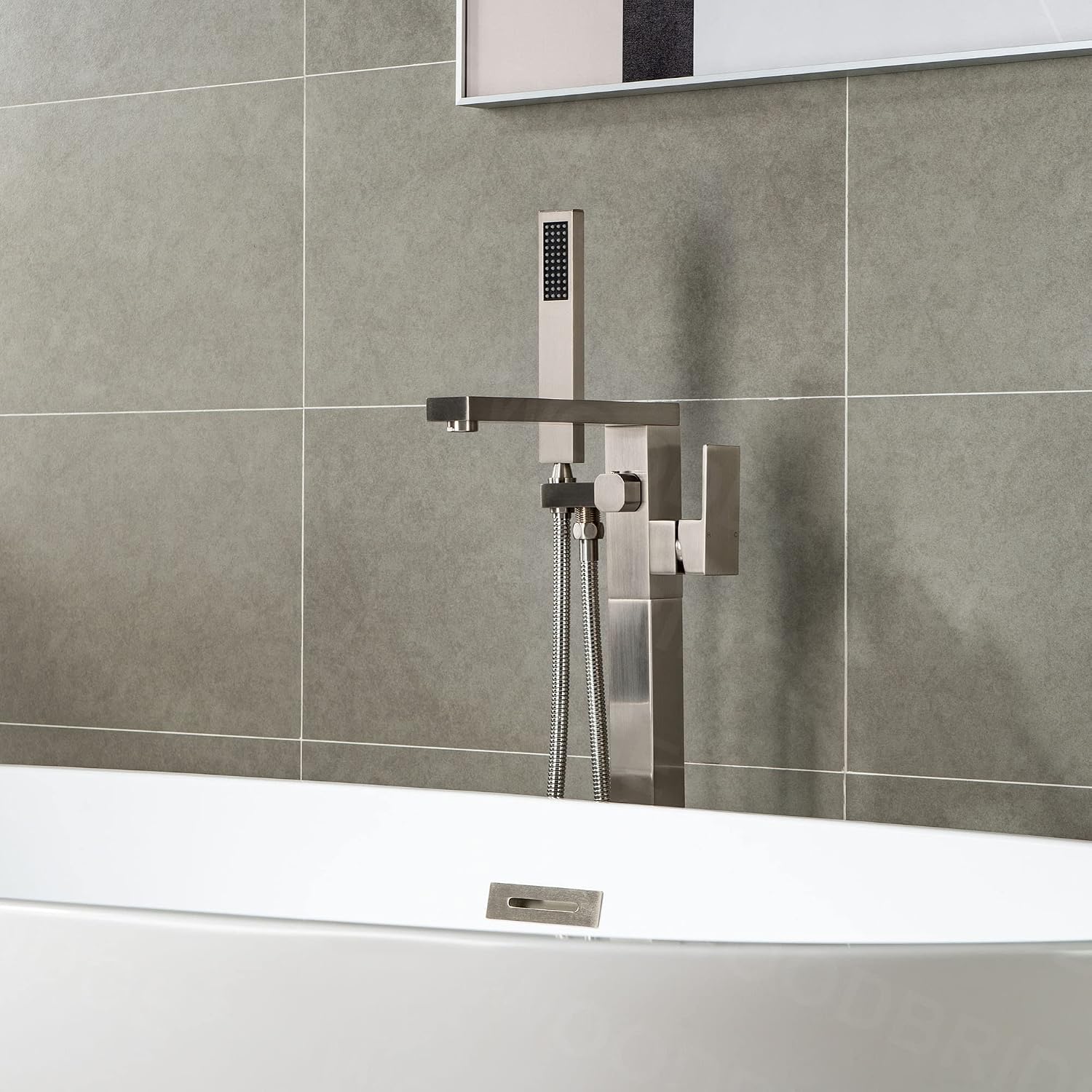Woodbridge Brushed Nickel Freestanding Tub Filler Single Handle Floor Mounted Faucets with Handheld Shower. Square Design
