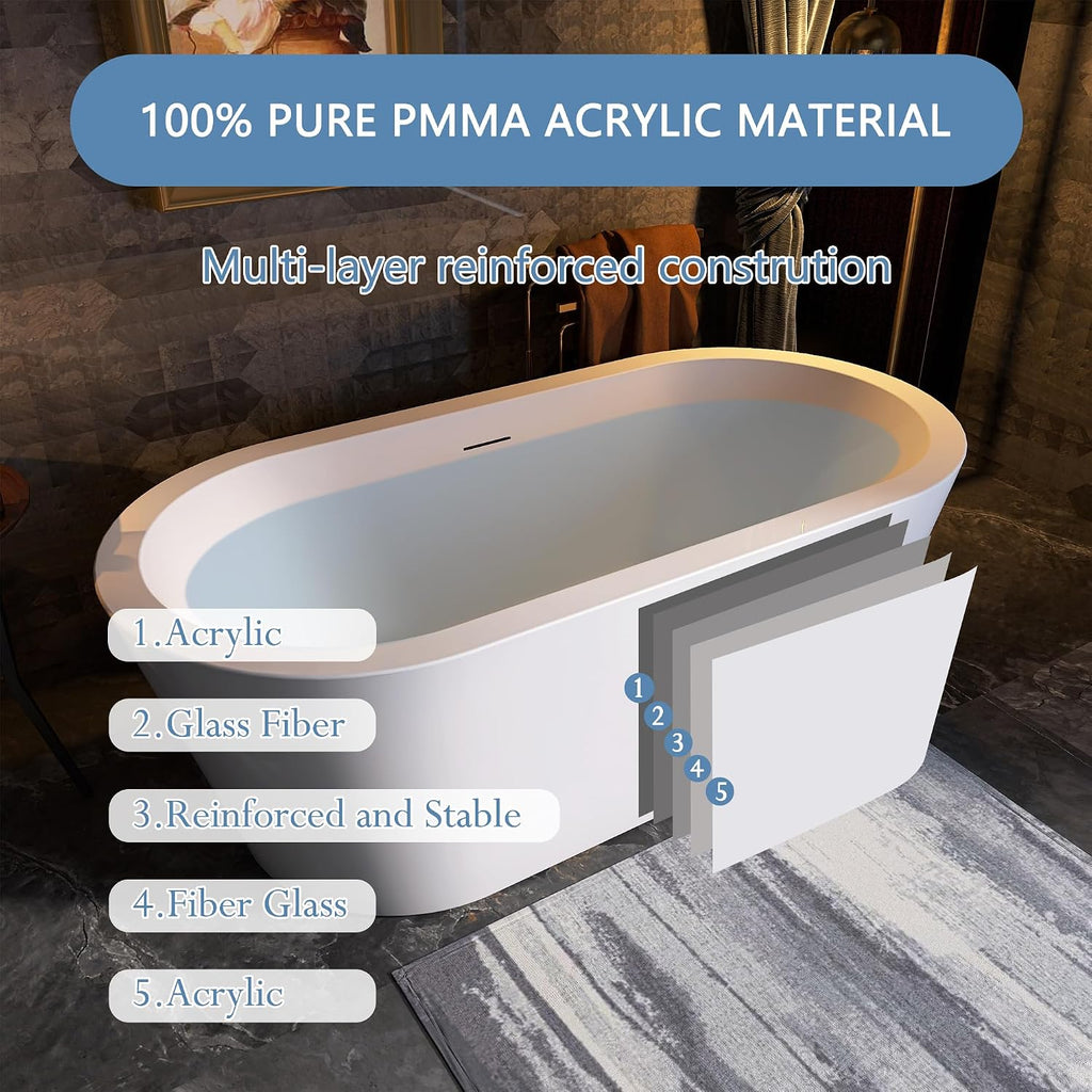 61 in. x 31 in.Classic Oval Acrylic Free Standing Tub, Heavy Duty Deep Soaking Tub, Bathroom Stand Alone Tub, Freestanding Bathtub SY1255 (Glossy White)