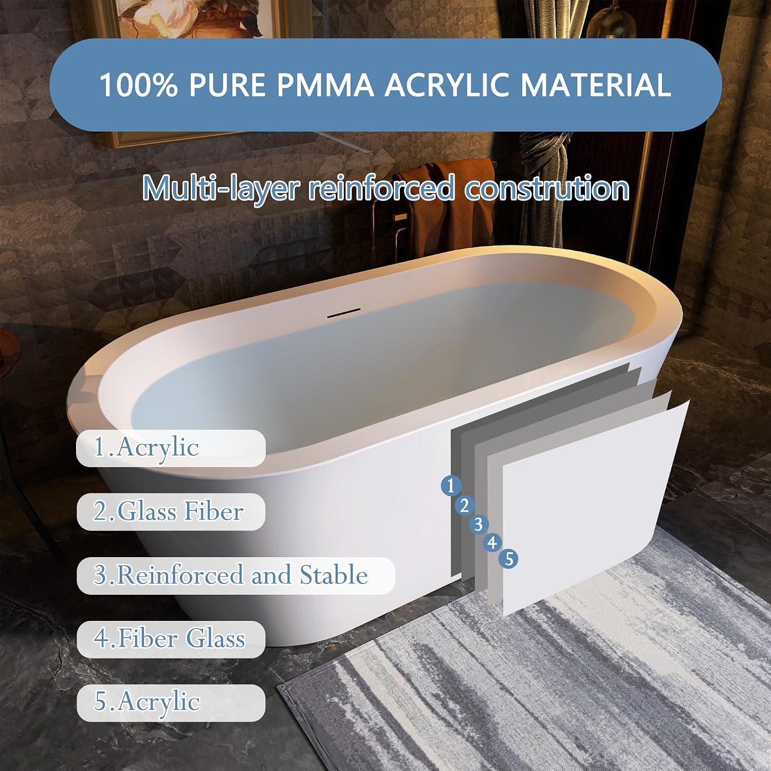 61 in. x 31 in.Classic Oval Acrylic Free Standing Tub, Heavy Duty Deep Soaking Tub, Bathroom Stand Alone Tub, Freestanding Bathtub SY1255 (Glossy White)