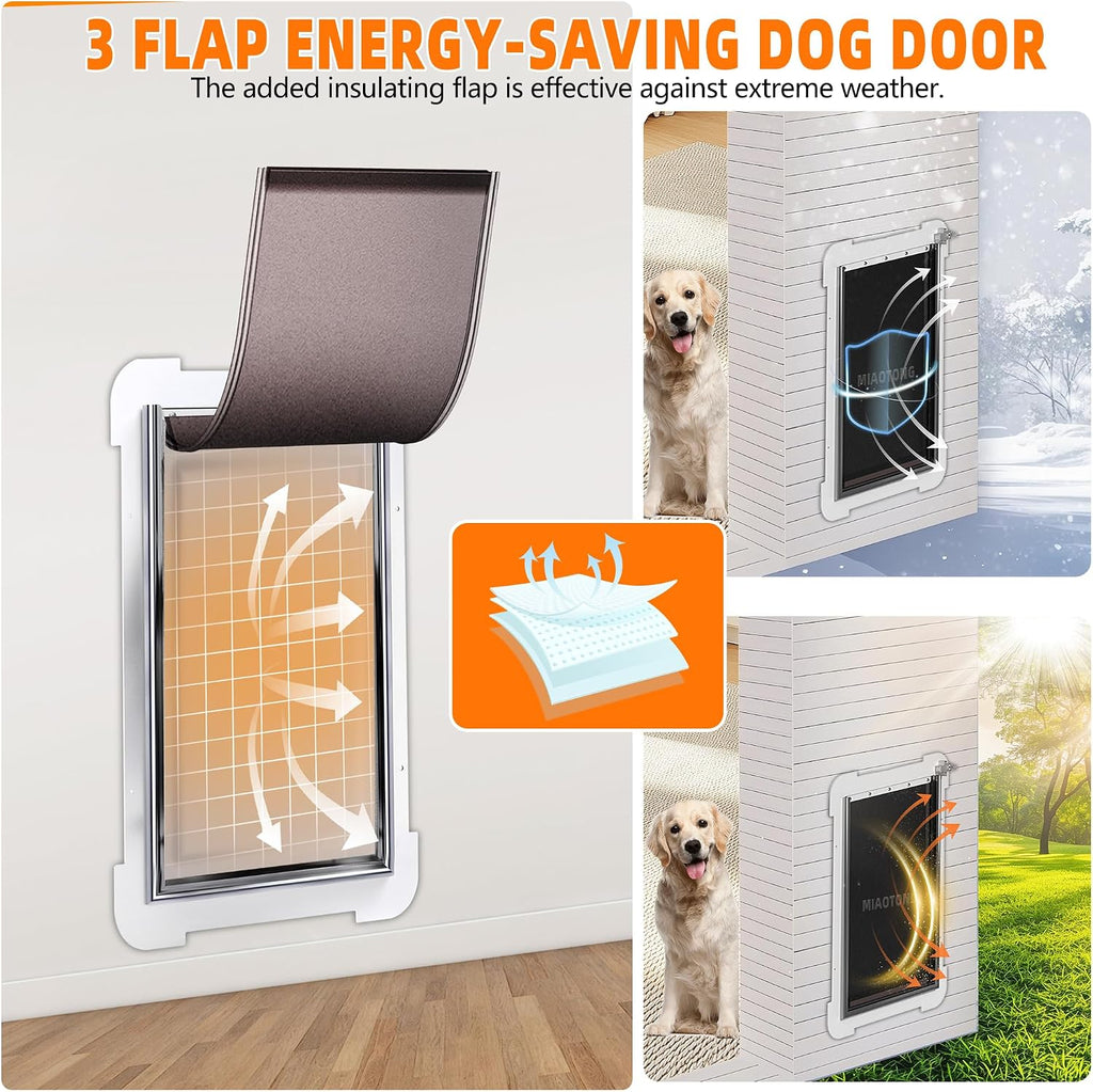 MIAOTONG 3-Flap Dog Door for Wall, Energy-Efficient Insulated Pet Door for Wall, Aluminum Lock Doggy Doors,Steel Frame and Telescoping Tunnel Dog Doors(Pets Up to 100 Lb) -Large
