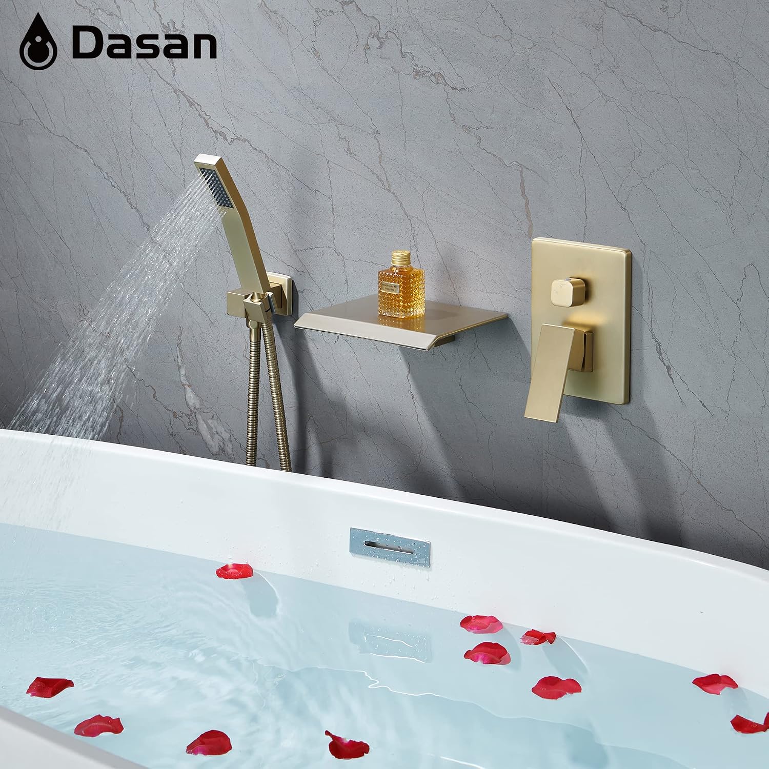 Upgraded Wall Mount Tub Filler Faucet with Handheld Shower, DASAN Modern Wall Mounted Bathtub Faucet Brushed Gold High Flow Waterfall Tub Faucet with Rough in Valve, SA-TF04WH-BG
