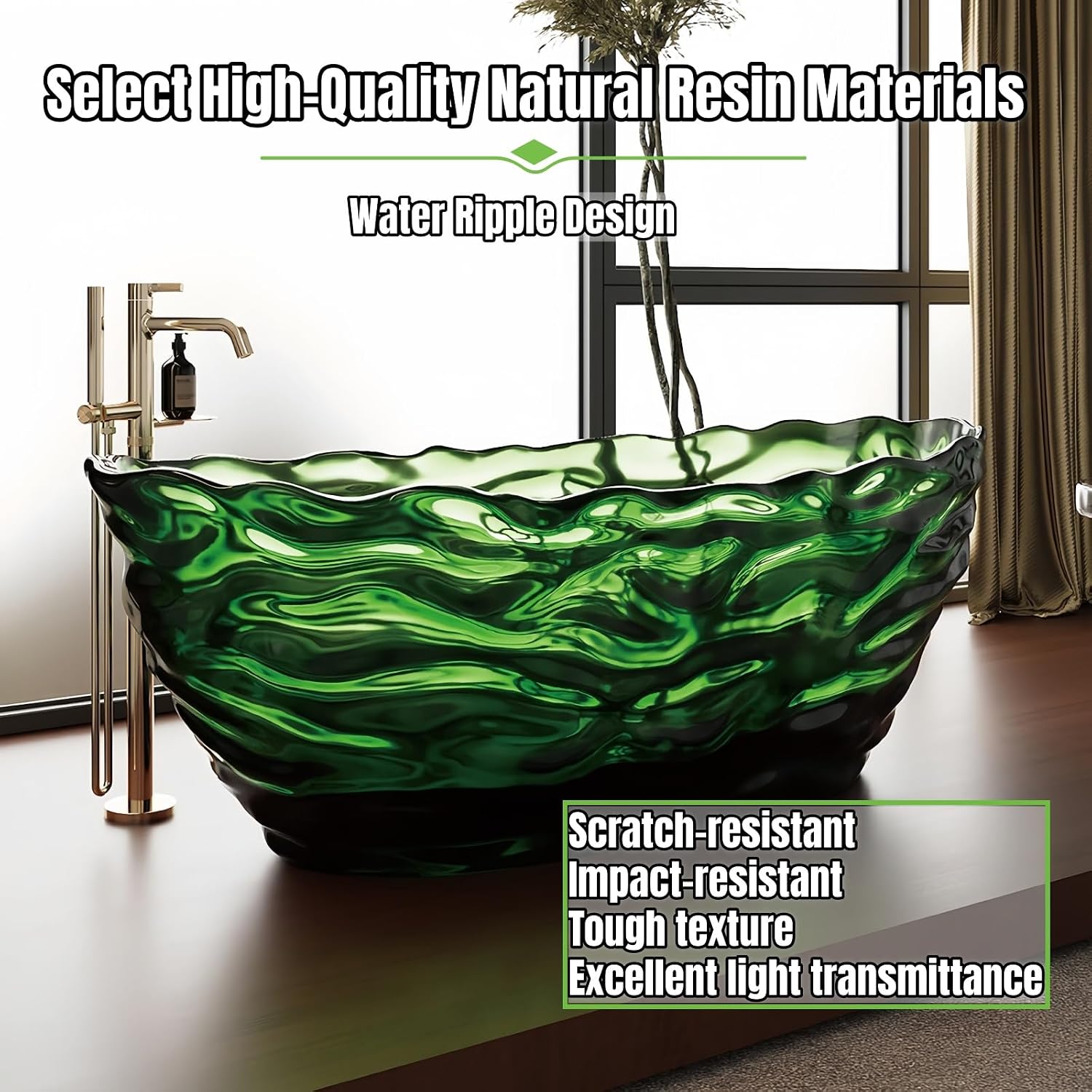 72' Edeyeu Freestanding Bathtub - Extra Deep Soaking Tub with Crystal Resin Design, Free Standing Bathtub Solid Surface, Durable Soaker Tub Easy to Clean with Drain Transparent