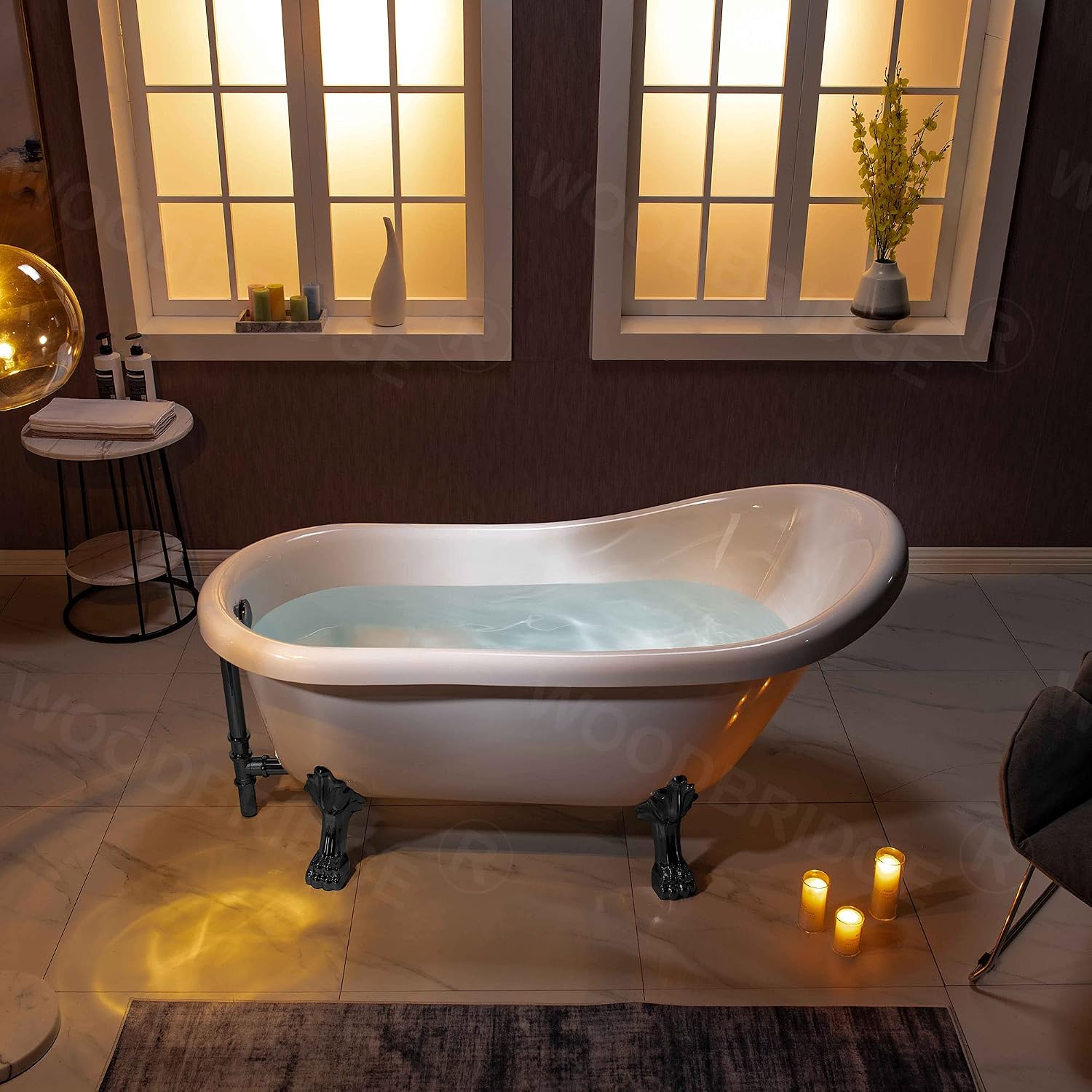 WOODBRIDGE 59' Heavy Duty Acrylic Slipper Clawfoot Bath Tub with Matte Black Feet + Matte Black Drain &Overflow