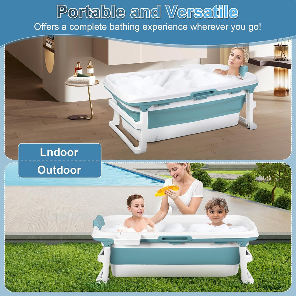 51 Inch Foldable Bathtub for Adults, Large Portable Tub for Shower, Effortless Collapsible Bathtub Adult for Spacious Bathrooms & Outdoor Use, Ideal for Ice Baths & Hot Baths (Blue-Green, 51 Inch)