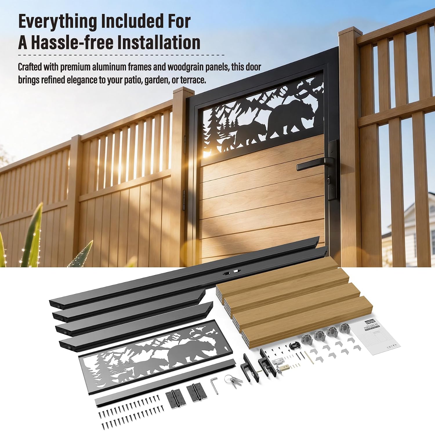 3x6 FT Aluminum Fence Gate Kit Wood Grain Aluminum Gate with Decorative Cutout, Lock & Hinges, Left/Right Opening, Weather Resistant for Yard Garden Patio