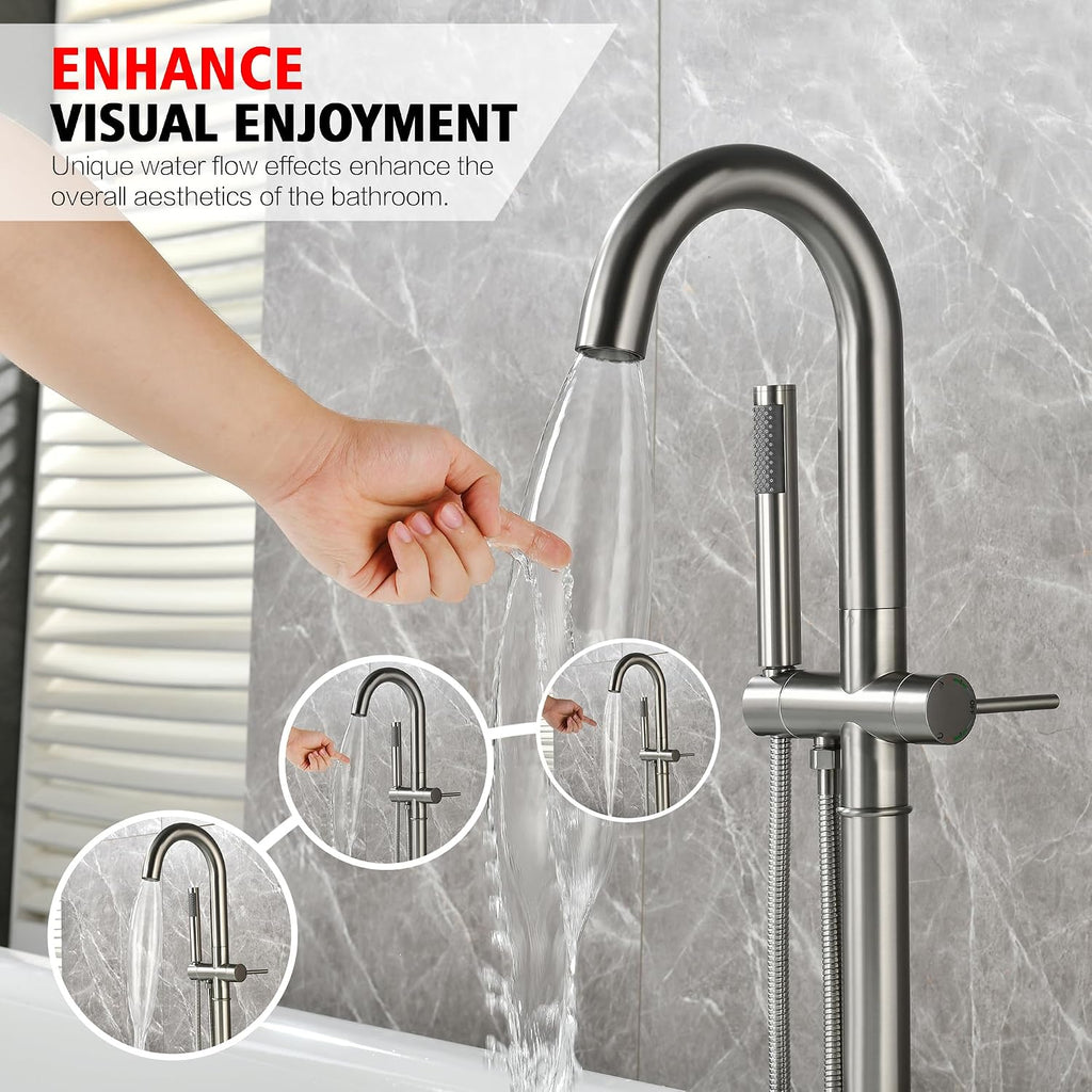 sumerain Bathroom Freestanding Bathtub Faucet Brushed Nickel, Modern Floor Mount Tub Faucet, High Flow with Hand Shower