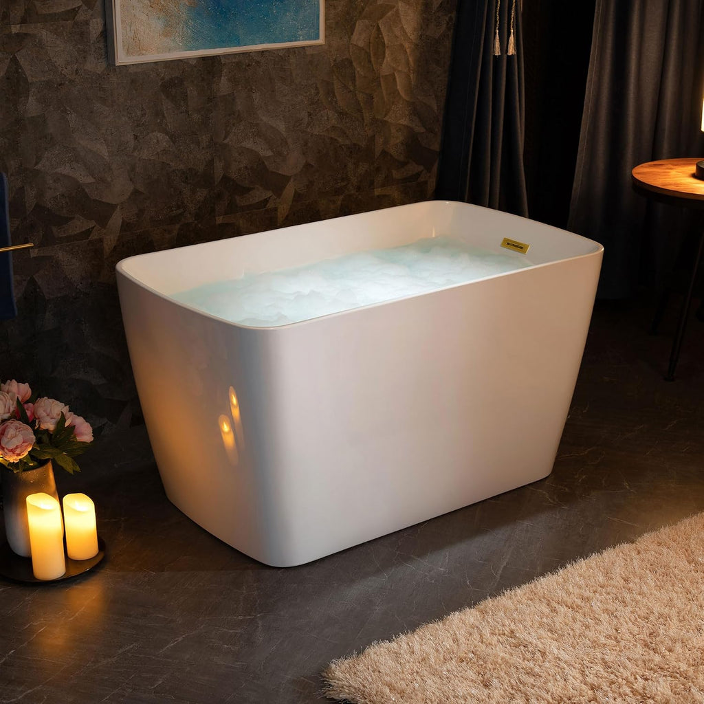 WOODBRIDGE 48' Acrylic Freestanding Square Shape Janpanese Soaking Tub with Pre-molded Seat and Brushed Gold Pop-Up Drain and Overflow Option, White,B0070-BG