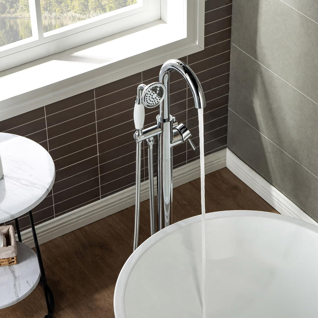 WOODBRIDGE F0002CHVT Fusion Single Handle Floor Mount Freestanding Tub Filler Faucet with Telephone Hand shower in Polished Chrome Finish