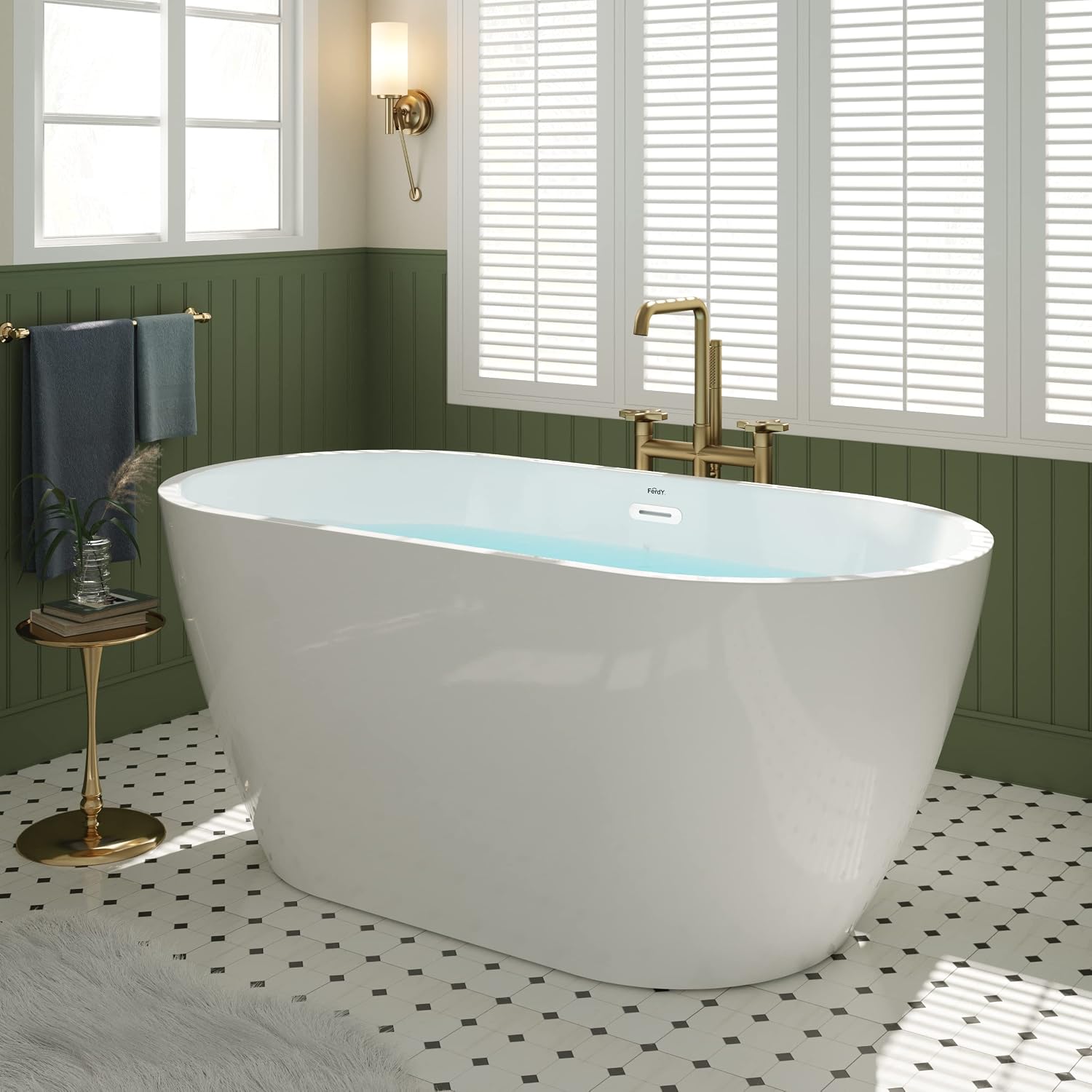 FerdY Bali 55' Acrylic Freestanding Bathtub, Gracefully Shaped Freestanding Soaking Bathtub, Glossy White cUPC Certified, Toe-Tap Chrome Drain and Classic Slotted Overflow Included