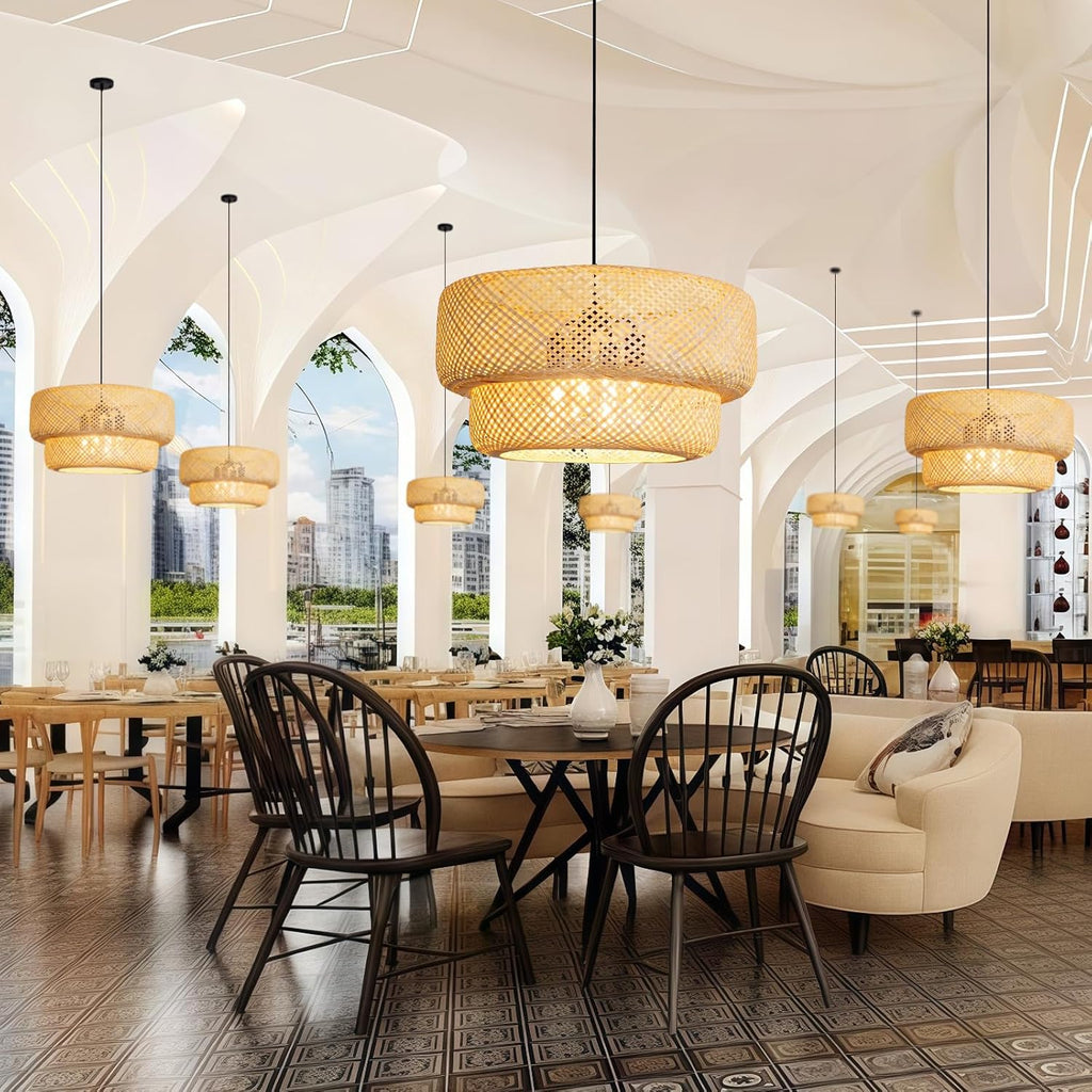 23.62' Bamboo Pendant Light,Boho Rattan Hanging Light,Hand Woven Wicker Chandelier for Kitchen Island for Kitchen Island Dining Bedroom Living Room Restaurants