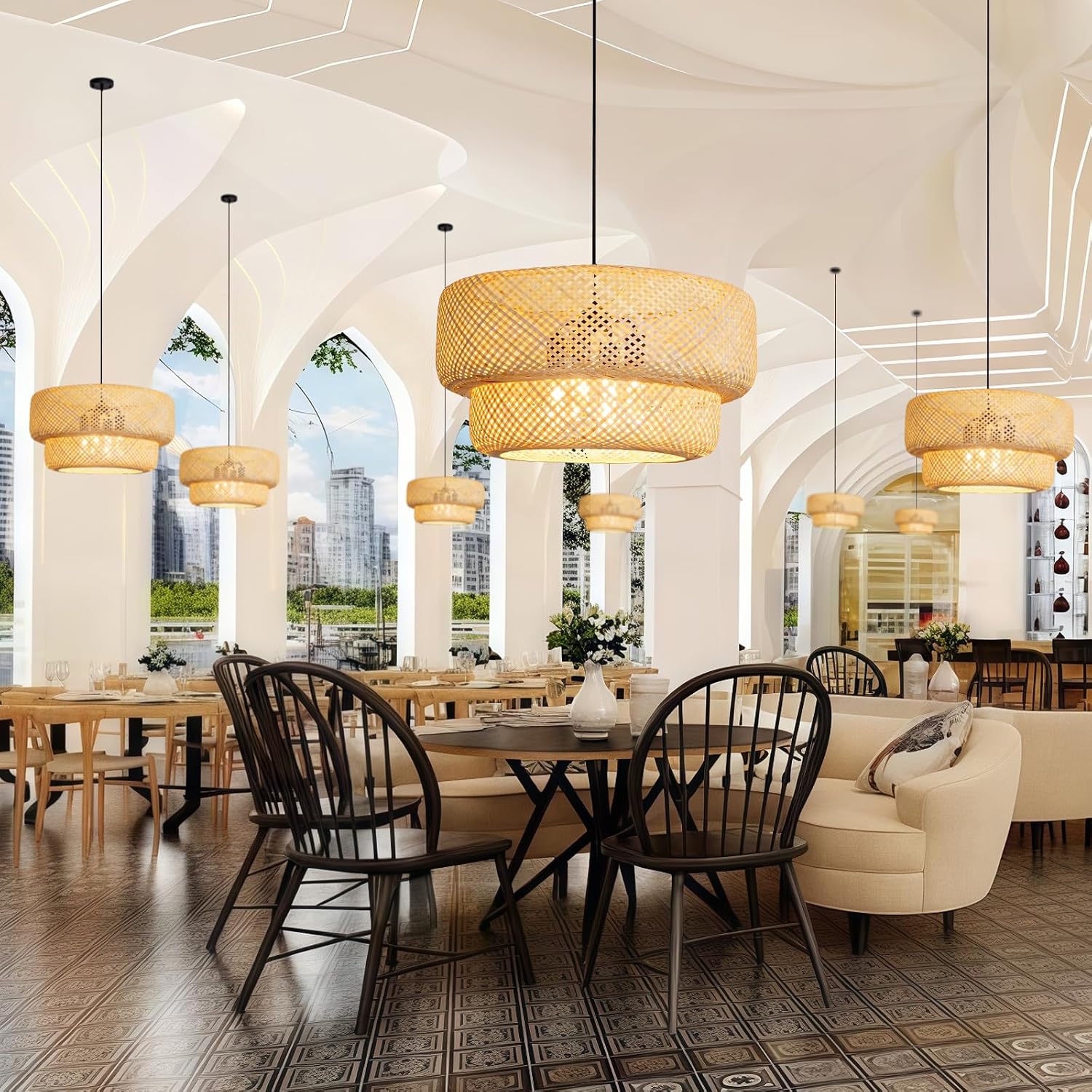 23.62' Bamboo Pendant Light,Boho Rattan Hanging Light,Hand Woven Wicker Chandelier for Kitchen Island for Kitchen Island Dining Bedroom Living Room Restaurants