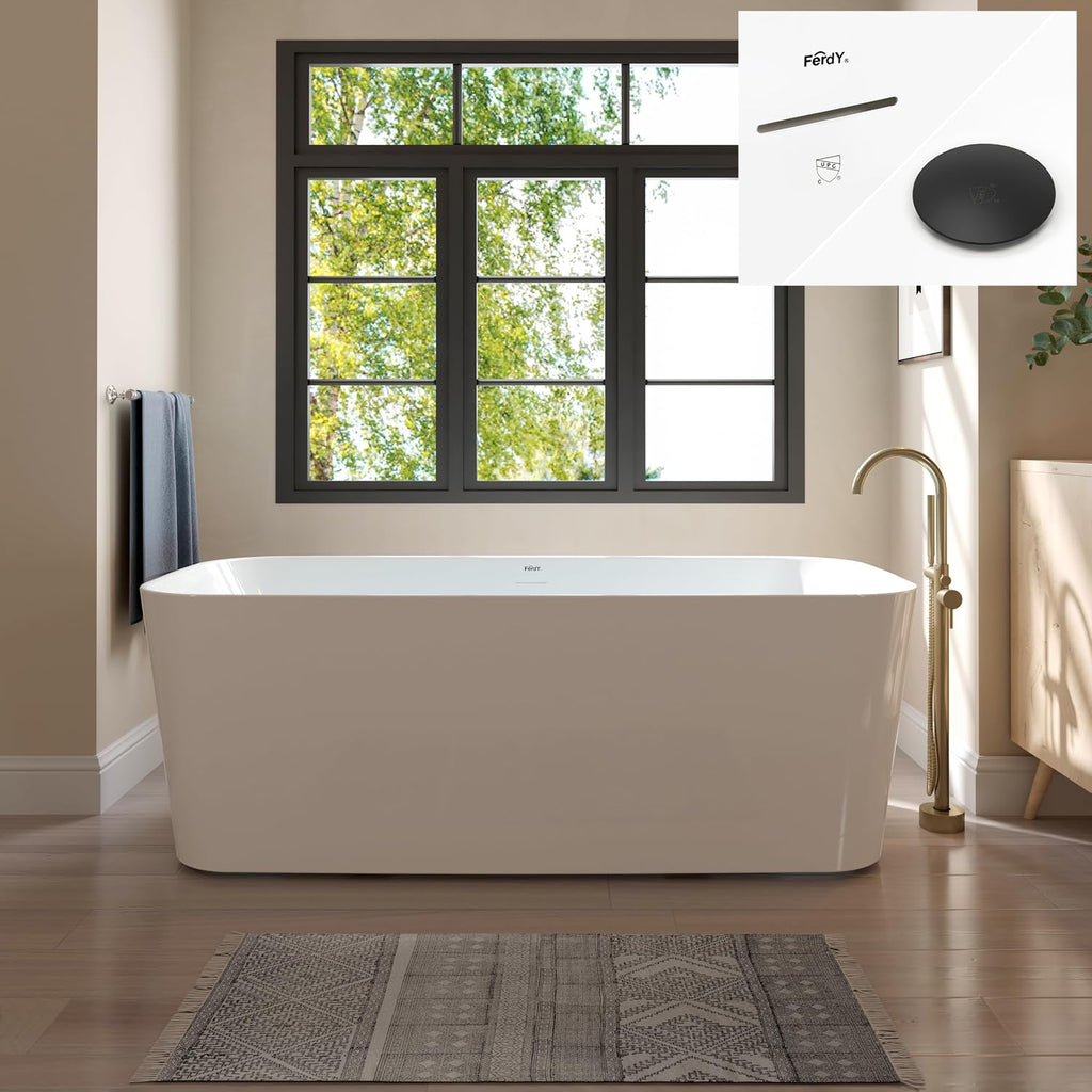 FerdY Maui 67' Acrylic Freestanding Bathtub, Contemporary Elegant Design Soaking Tub with Matte Black Drain& Bath Pillow for Bathtub,Thick Tub Pillows, Ergonomic Support