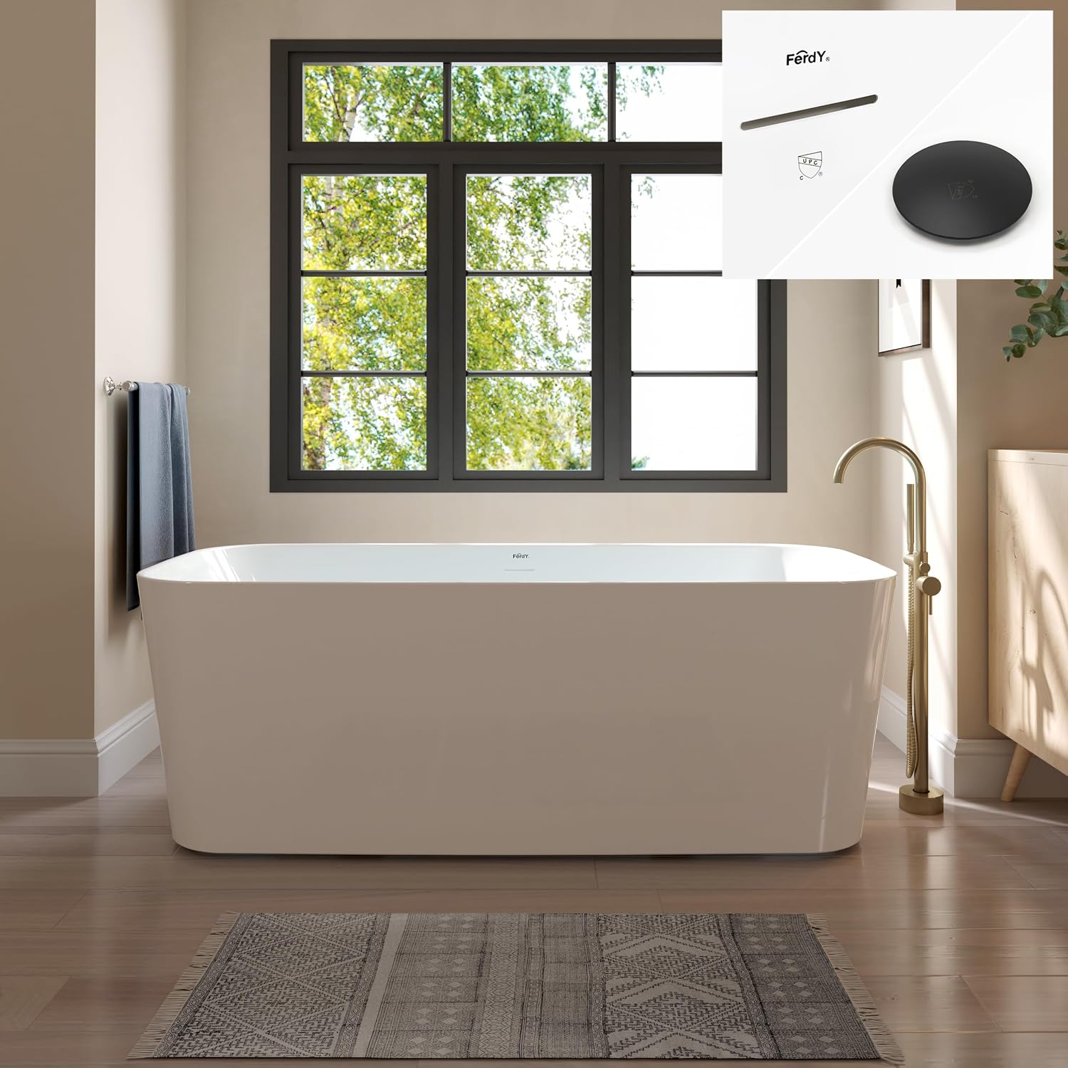 FerdY Maui 67' Acrylic Freestanding Bathtub, Contemporary Elegant Design Soaking Tub with Matte Black Drain& Bath Pillow for Bathtub,Thick Tub Pillows, Ergonomic Support