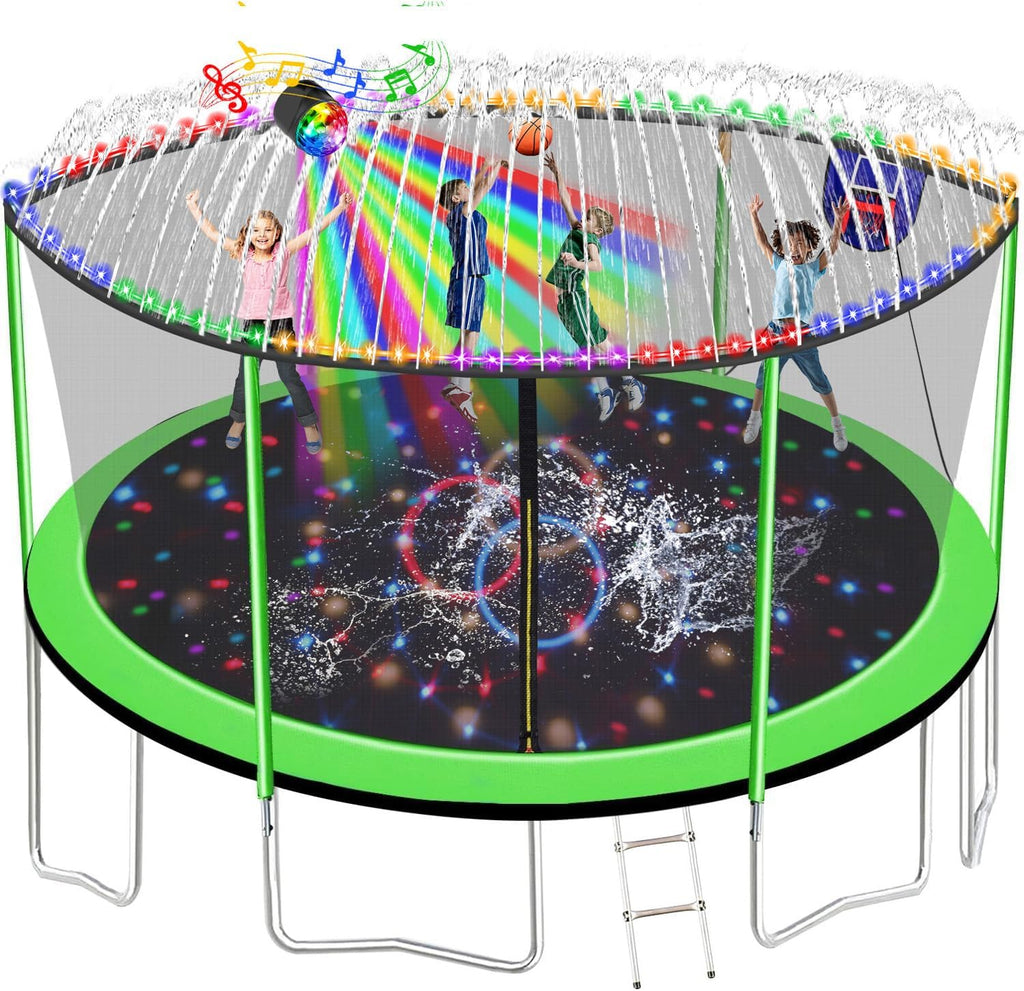 1500LBS 10FT 12FT 14FT 15FT 16FT Trampoline with LED Lights, Sprinkler, Music Speaker and Socks, ASTM Approved Outdoor Trampoline for Kids and Adults, Backyard Trampolines with Net Enclosure