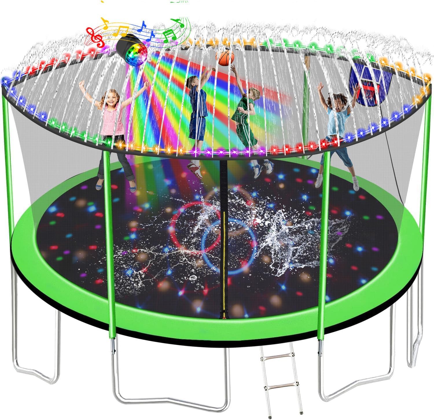 1500LBS 10FT 12FT 14FT 15FT 16FT Trampoline with LED Lights, Sprinkler, Music Speaker and Socks, ASTM Approved Outdoor Trampoline for Kids and Adults, Backyard Trampolines with Net Enclosure