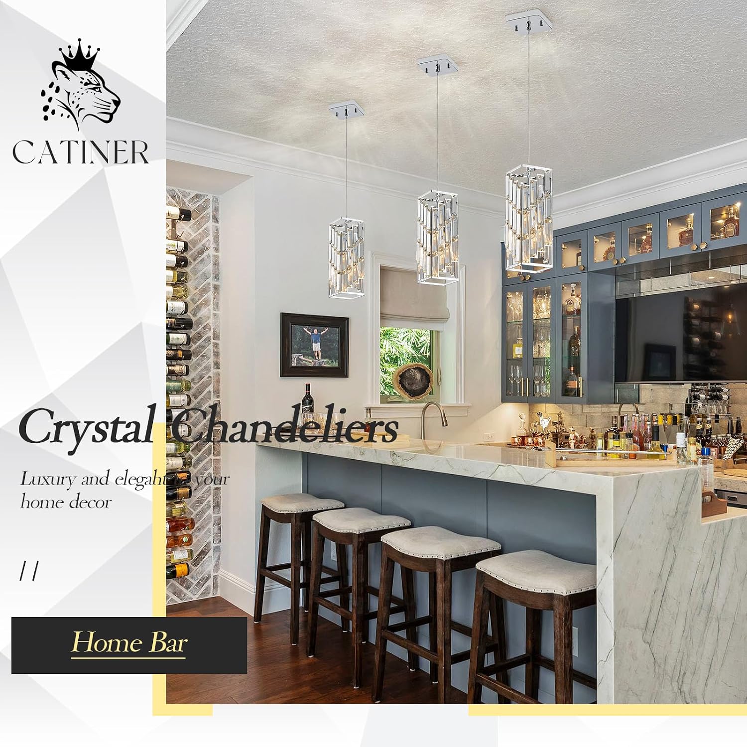 CATINER Chrome Crystal Pendant Lights 3 Pack, Mini Hanging Pendant Lighting Fixture with Adjustable Cord, Modern Kitchen Island Pendant Lights for Dining Room, Bedroom, Hallway, E26 Base