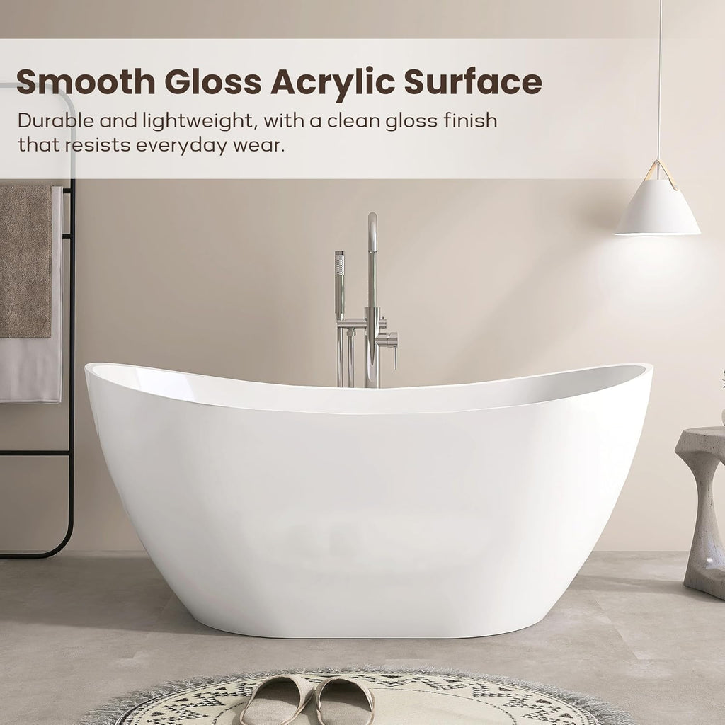SJ STAR&JANE 60' Acrylic Freestanding Bathtub, Dual Slipper Acrylic Soaking Bathtub,Stand Alone Tub with Drain and Overflow, cUPC Certified, White