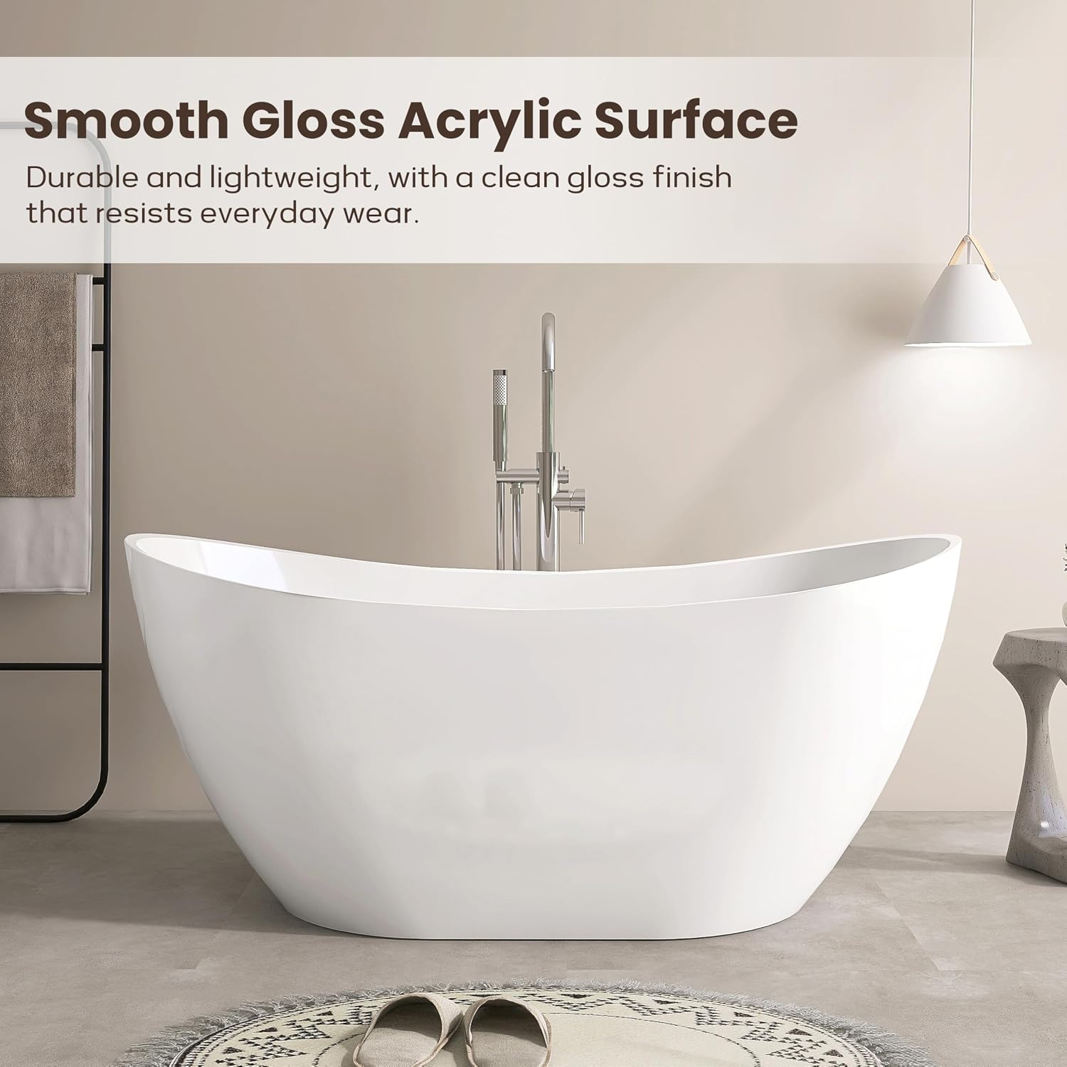 SJ STAR&JANE 60' Acrylic Freestanding Bathtub, Dual Slipper Acrylic Soaking Bathtub,Stand Alone Tub with Drain and Overflow, cUPC Certified, White