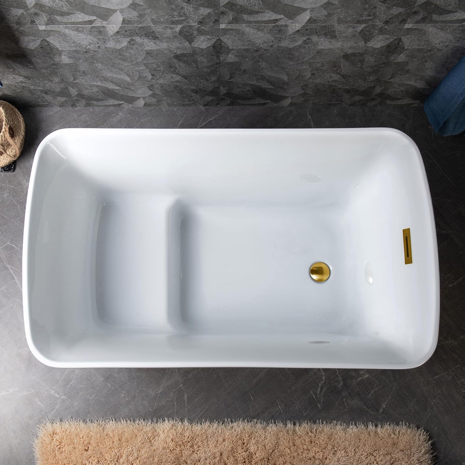 WOODBRIDGE 48' Acrylic Freestanding Square Shape Janpanese Soaking Tub with Pre-molded Seat and Brushed Gold Pop-Up Drain and Overflow Option, White,B0070-BG