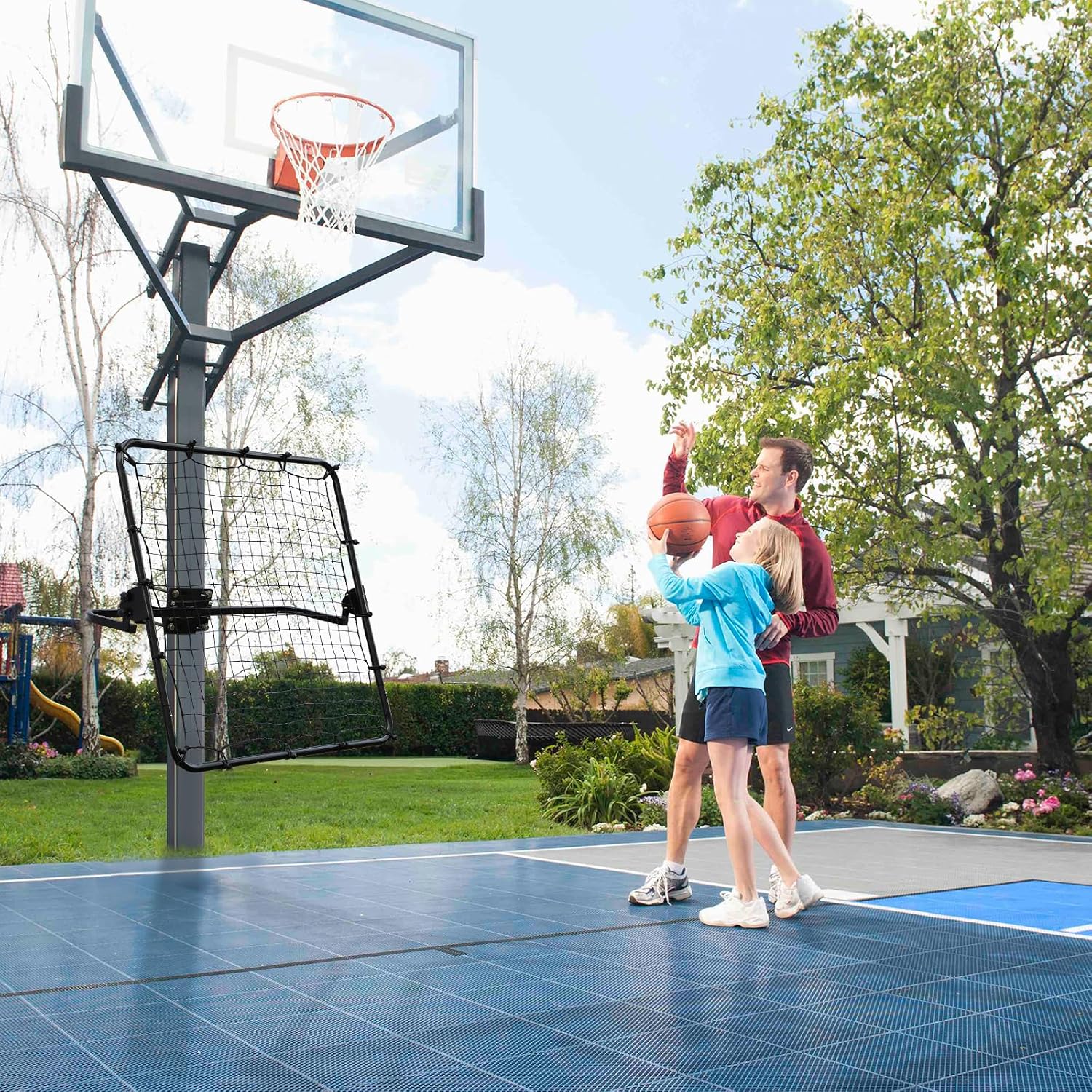 Basketball Return Attachment for Hoop - 40'x40' Rebound Net with Adjustable 3 Angles - Fits 2'-6' Round/Square Goal Poles - Multi-Sport Trainer for Basketball Baseball Soccer