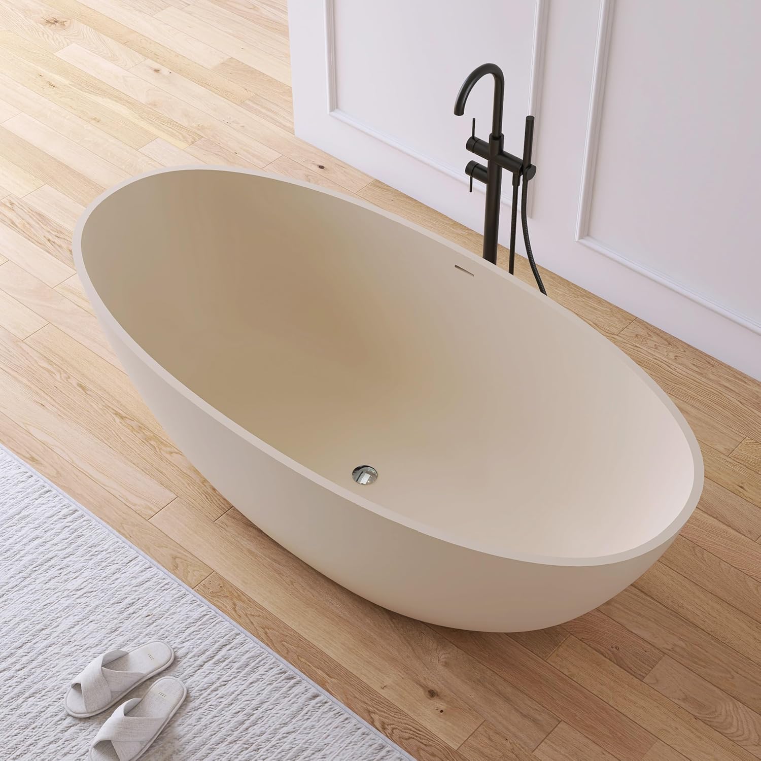 Stone Resin Freestanding Bathtub 65', Elegant Oval Shape Soaking Tub, Solid Surface Stand Alone Bathtub with Drain & Integrated Slotted Overflow AMFS303-1650 milky coffee