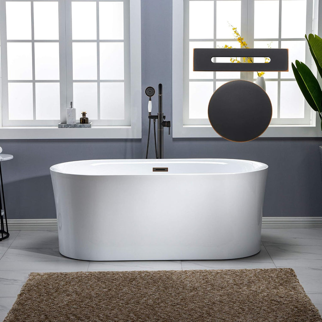 WOODBRIDGE 59' Air Bubble Acrylic Freestanding Bathtub Contemporary Soaking Tub, White Acrylic wirh Oil Rubbed Bronze Drain and Overflow,B0102-ORB