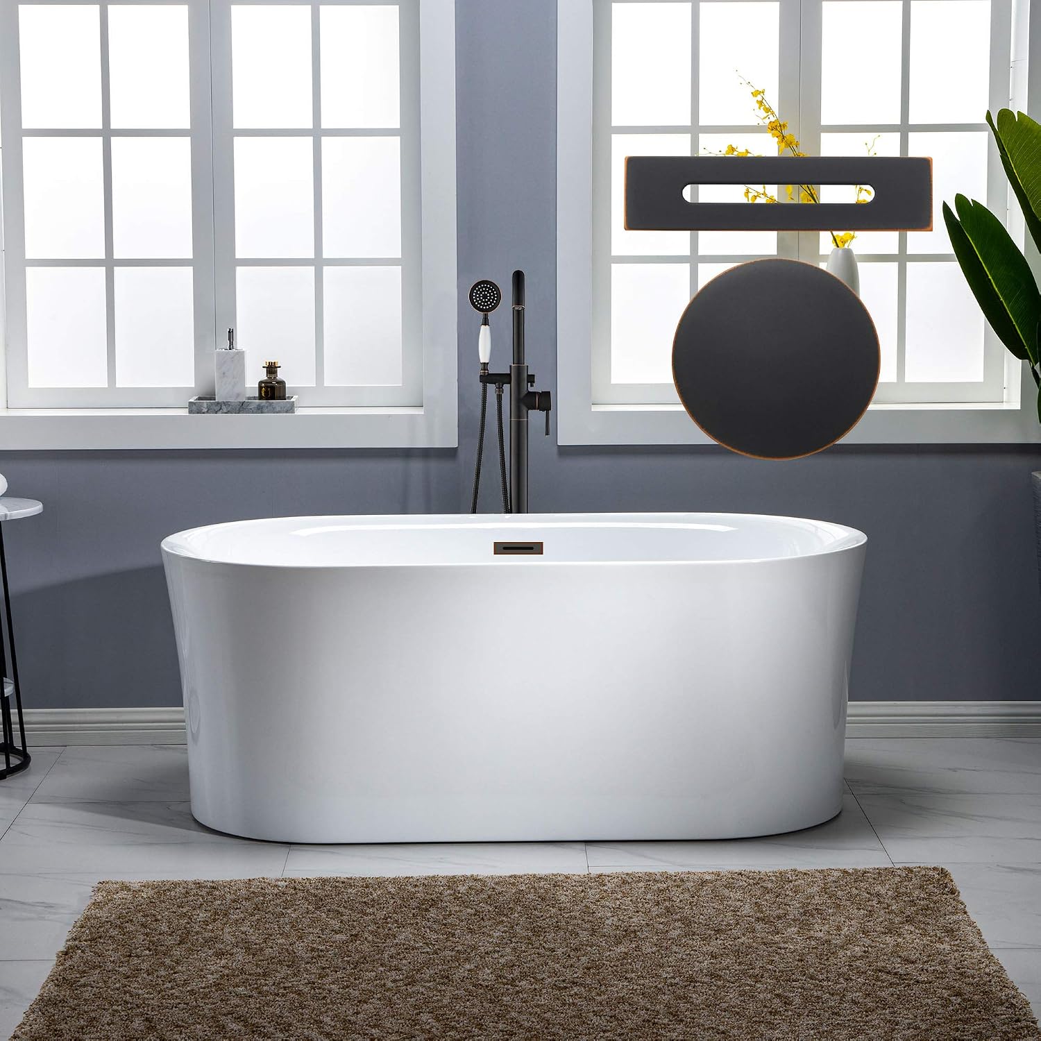 WOODBRIDGE 59' Air Bubble Acrylic Freestanding Bathtub Contemporary Soaking Tub, White Acrylic wirh Oil Rubbed Bronze Drain and Overflow,B0102-ORB