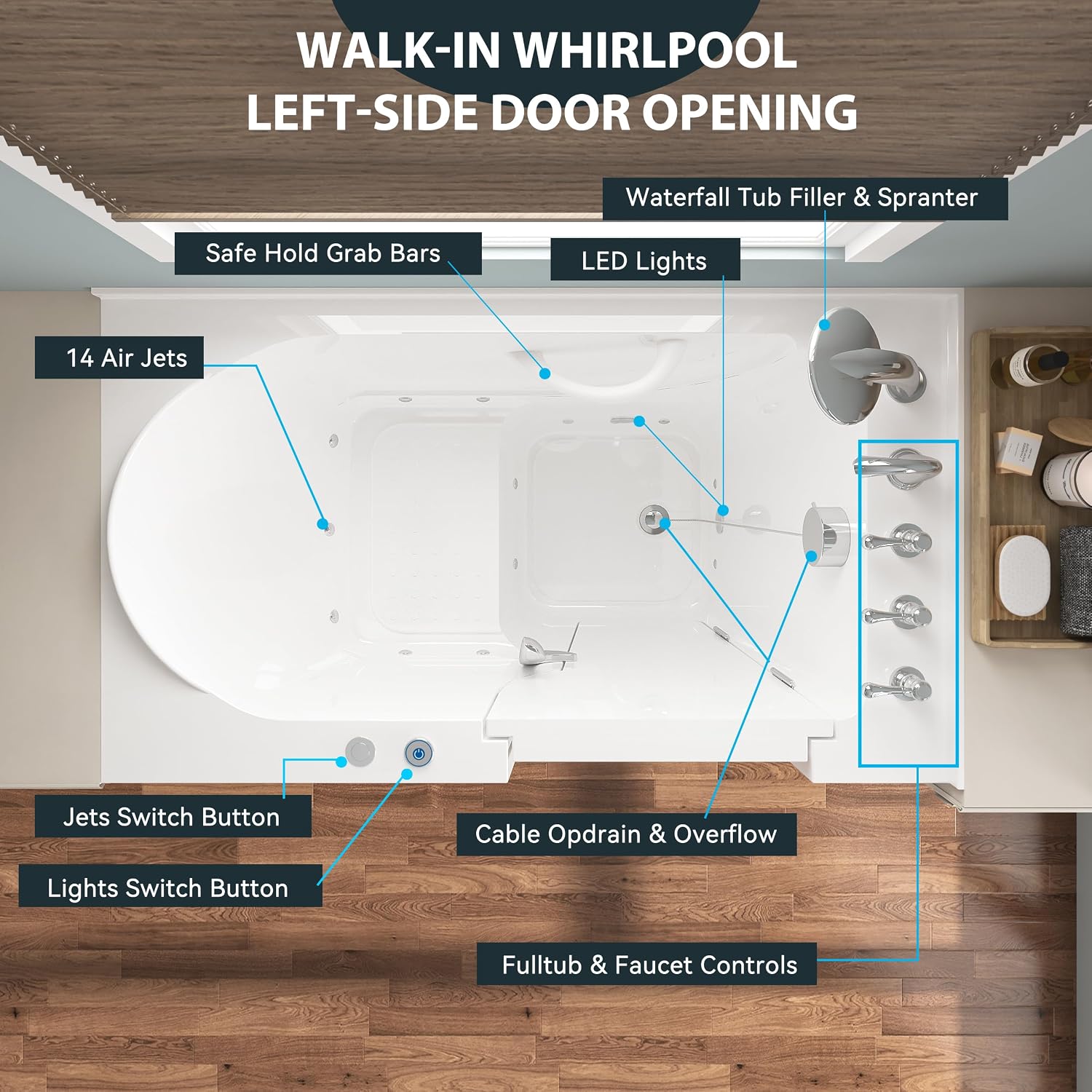 FerdY Floridian 52'x30' Walk-in Whirlpool Bathtub with 14 Air Water SPA Jets and Right-Side Door Opening and Quick Fill and Drain System, Rectangular Soaking Bathtub in White