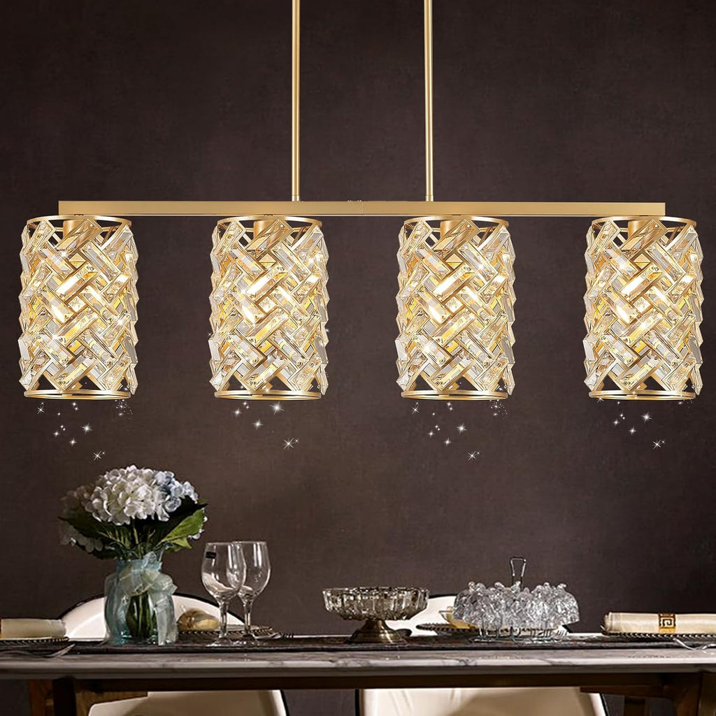 CATINER Gold Crystal Kitchen Island Lighting 40' Modern Linear Chandelier 4 Lights Ceiling Pendant Light Fixture Luxury for Kitchen Dining Room Living Room