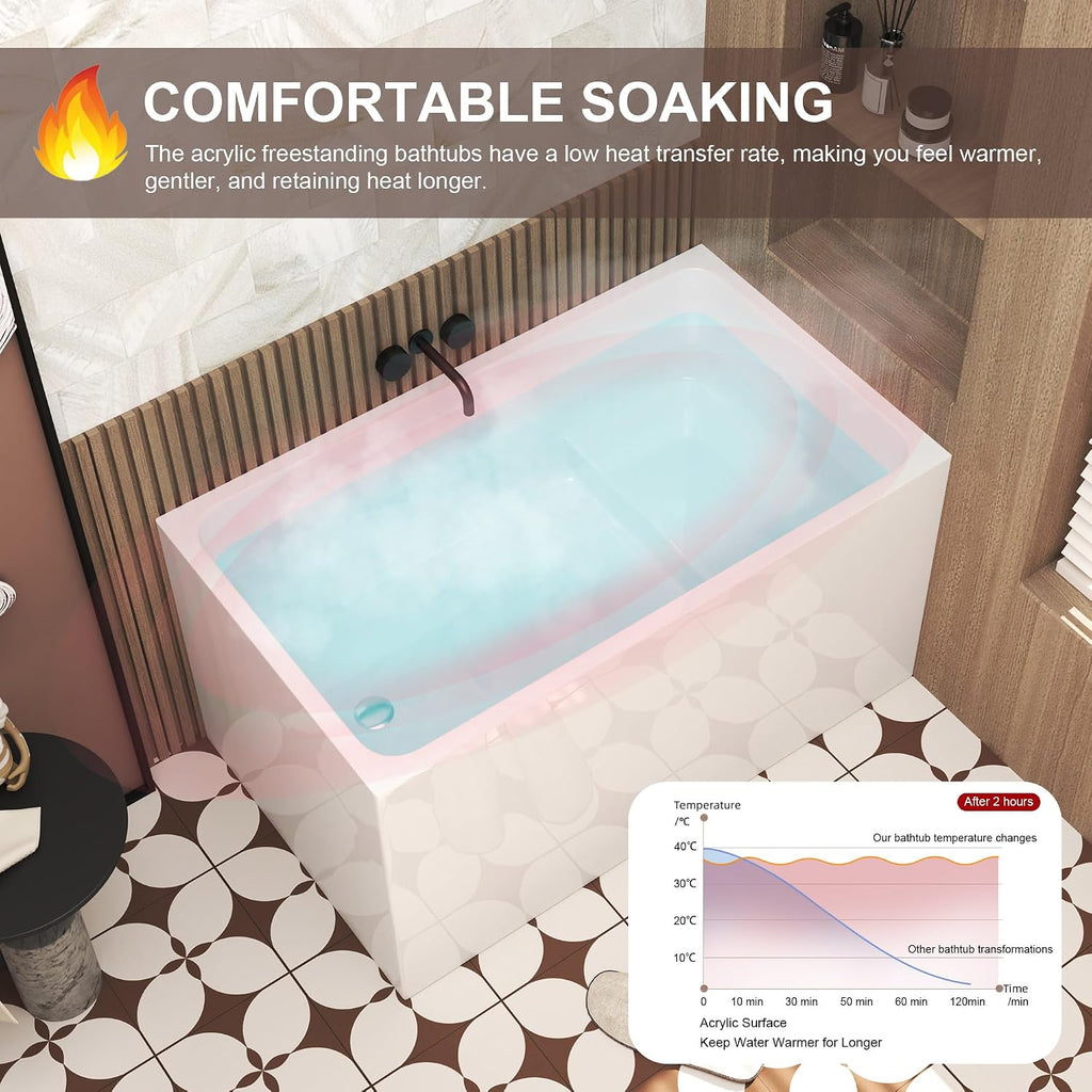 47 Inch Acrylic Freestanding Bathtub, Rectangle Soaking Tub for Small Bathrooms, Gloss White Pure Acrylic Tub with Chrome Overflow & Pop-Up Drain, cUPC Certified, Left Drain,Deep Soak Tub