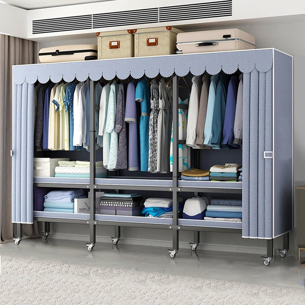 Rolling Foldable Garment Rack With Cover And Wheels - Large Capacity Wardrobe Rack, 1500 Lbs Heavy-Duty Portable Wardrobe Freestanding Clothes Organizer System For Bedroom Living Room Office(Size:215*
