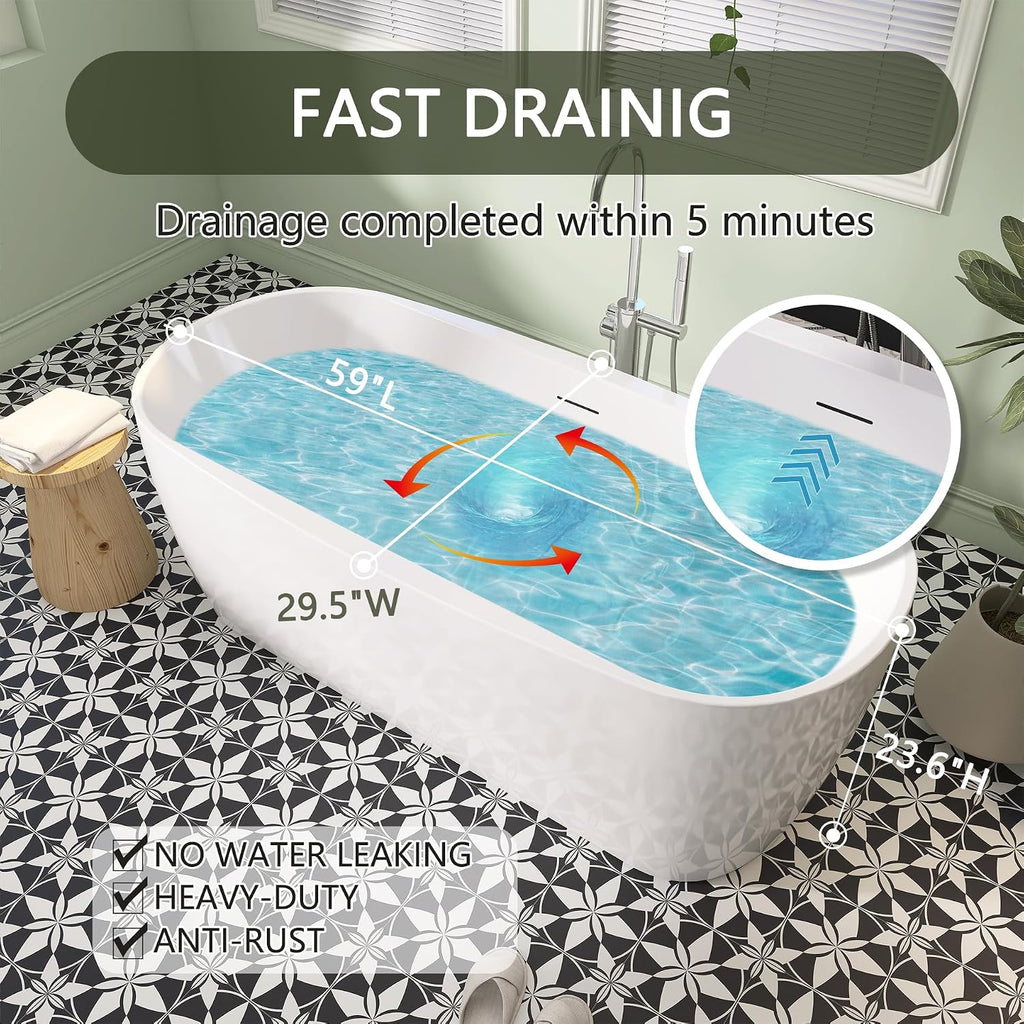 59' Free Standing Tub, Pure Acrylic Freestanding Bathtub, Stylish Stand Alone Contemporary Deep Soaking Bath Tub, cUPC Certified (Glossy White)
