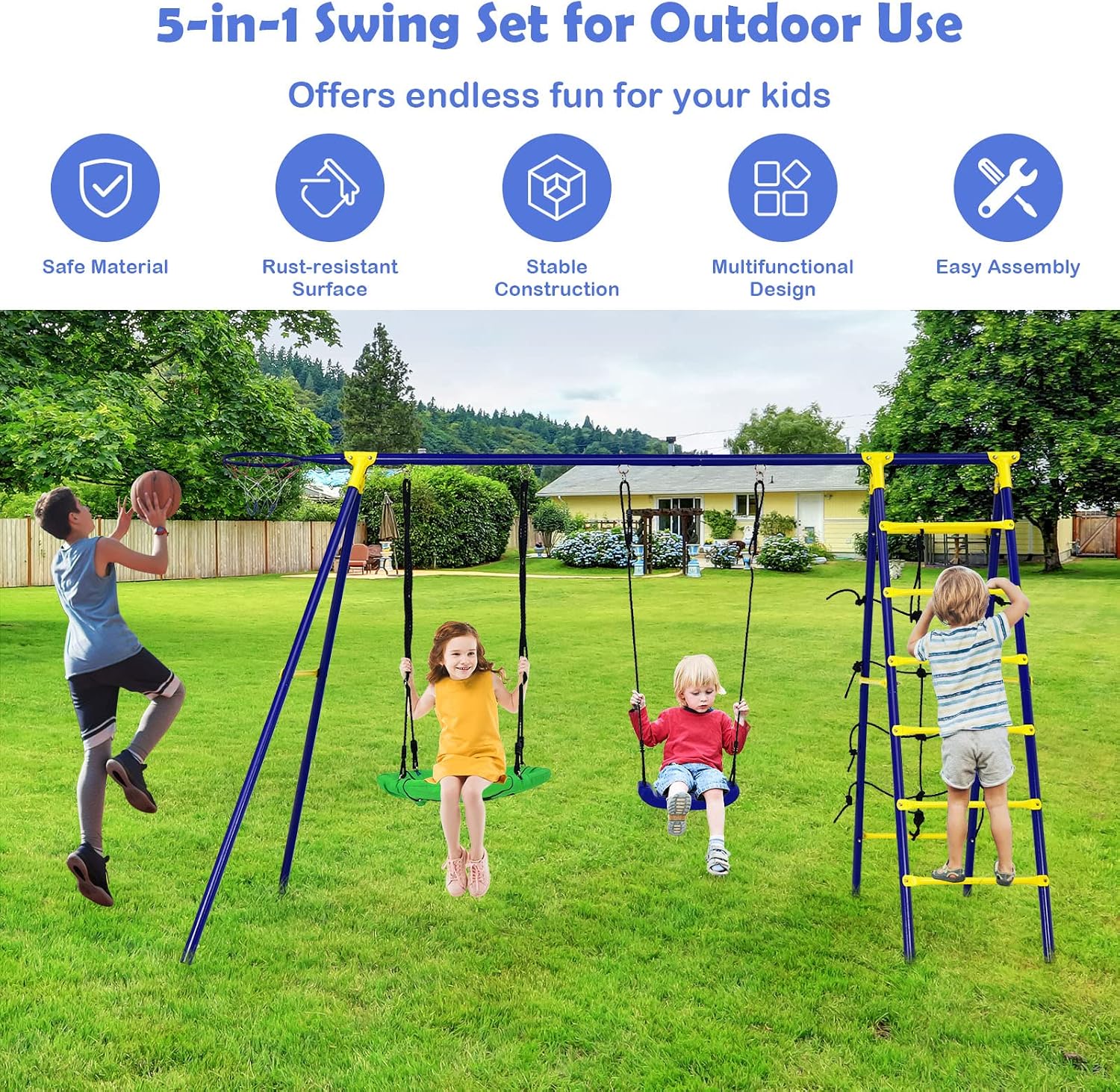 GLACER Swing Sets for Backyard, 550Lbs All-in-1 Large Kids Playground w/Ground Stake, Basketball Hoop & Saucer Swing, Climbing Ladder & Net, A-Shape Metal Heavy-Duty Outdoor Playgset, Boys & Girls