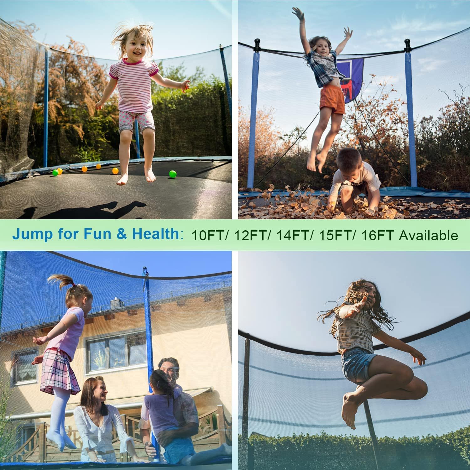 1500LBS 16FT 15FT 14FT 12 FT 10FT 8FT Tranpoline for Kids and Adults with Sprinkler, Lights with Music Speaker, Socks, Water Ball, Heavy Duty Outdoor Tranpoline with Net Enclosure and Ladder