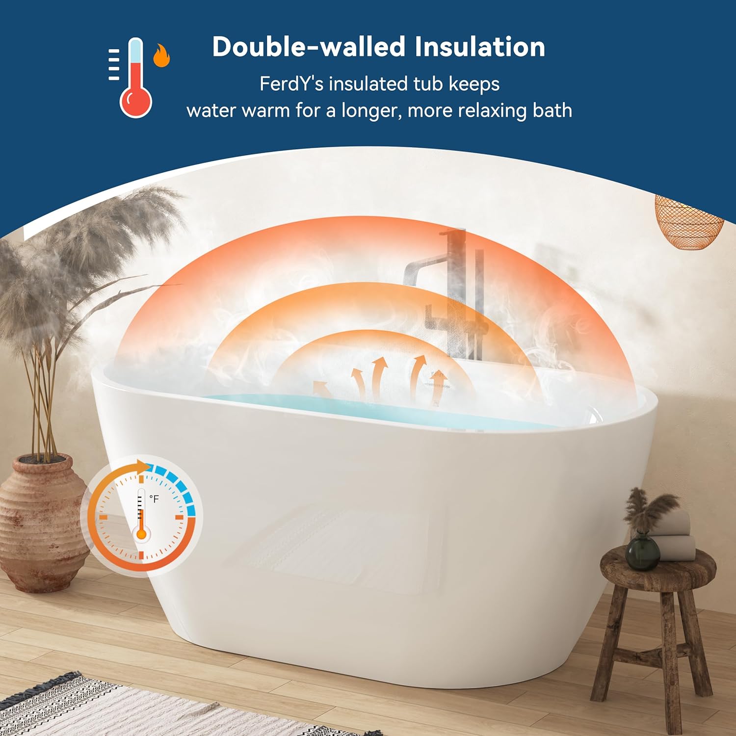 FerdY Nauru 55' Acrylic Freestanding Bathtub with Headrest, Gracefully Shaped Soaking Bathtub, Glossy White cUPC Certified, Toe-Tap Chrome Drain & Classic Slotted Overflow & Bath Pillow Included