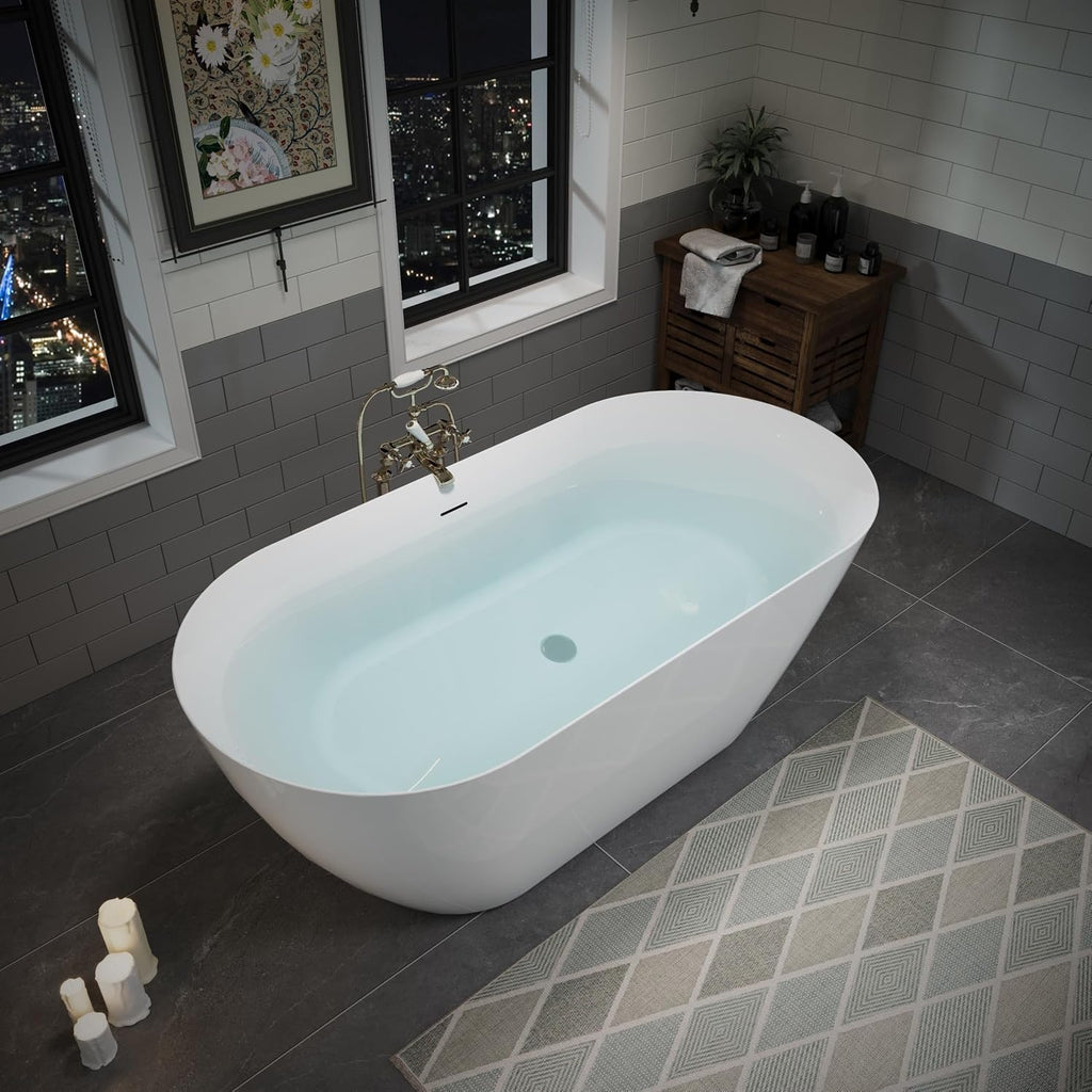 ABRUZZO 55' Acrylic Freestanding Bathtub - Oval Deep Soak Tub, Center Drain & Overflow, cUPC Certified Glossy White