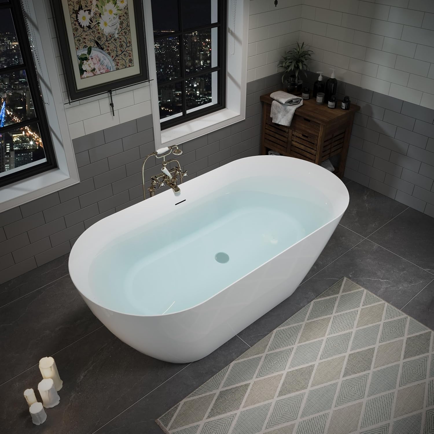 ABRUZZO 55' Acrylic Freestanding Bathtub - Oval Deep Soak Tub, Center Drain & Overflow, cUPC Certified Glossy White