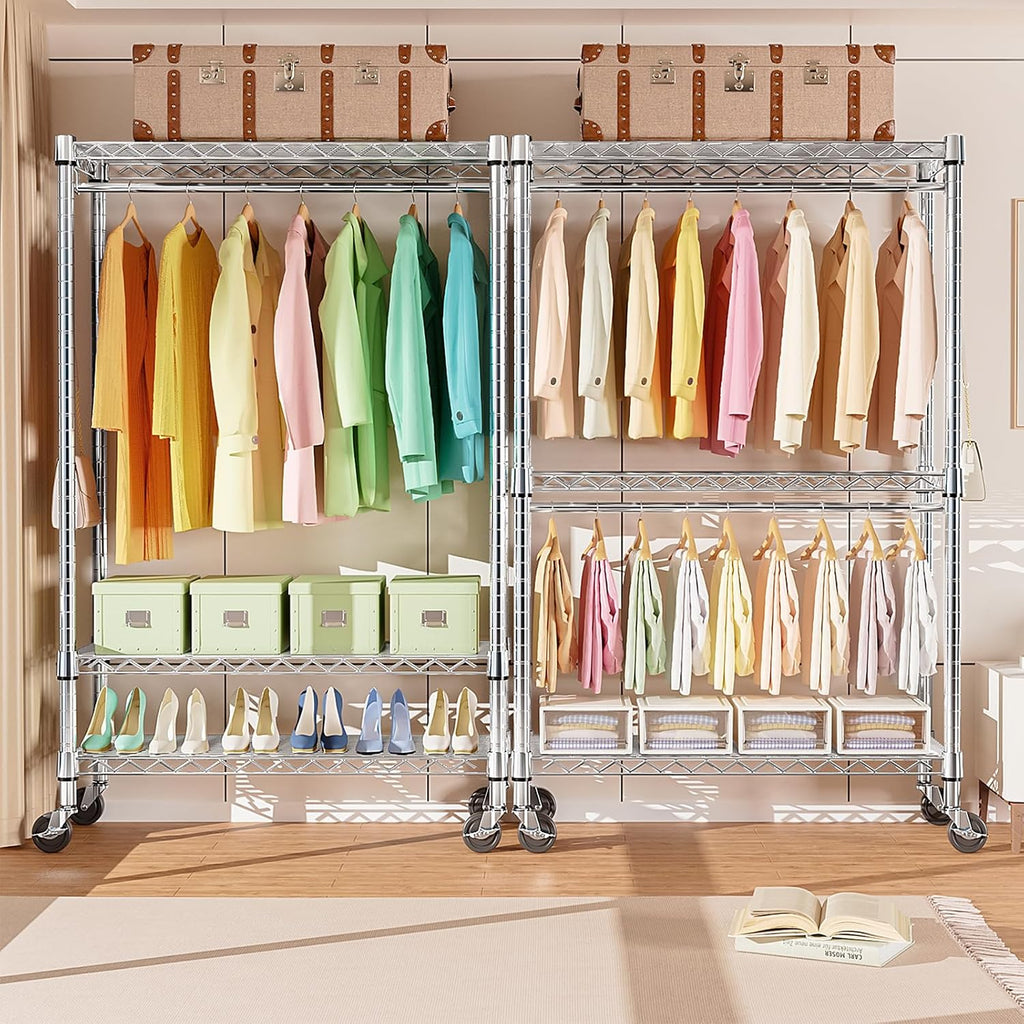 M MZG 2 PCS Heavy Duty Rolling Garment Rack 3 Tiers Adjustable Wire Shelving Clothes Rack with Rod and Side Hooks, Storage Closet Clothing Rack with Wheels Chrome 17.7' D x 47.2' W x 83.6' H