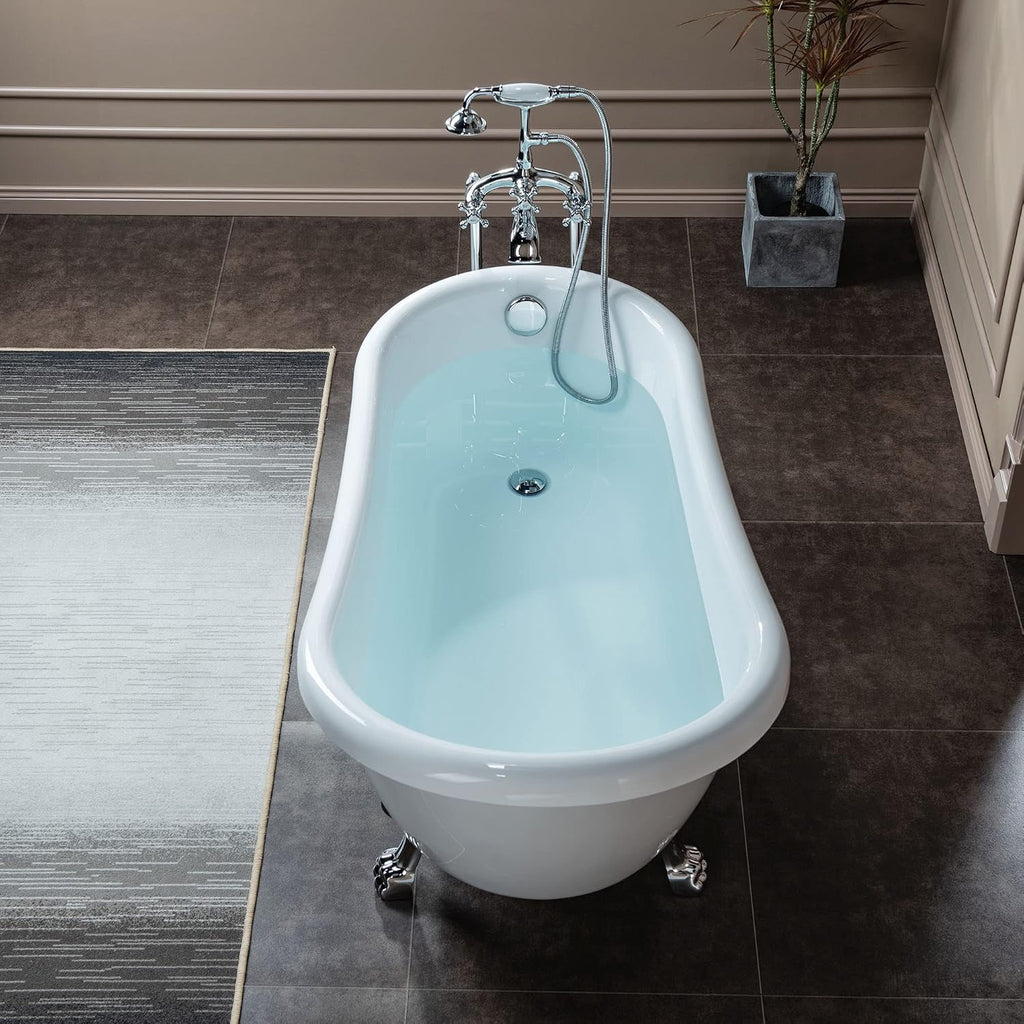 WOODBRIDGE 54' Heavy Duty Acrylic Slipper Clawfoot Bath Tub with Chrome Feet + Drain &Overflow +Chrome-Faucet