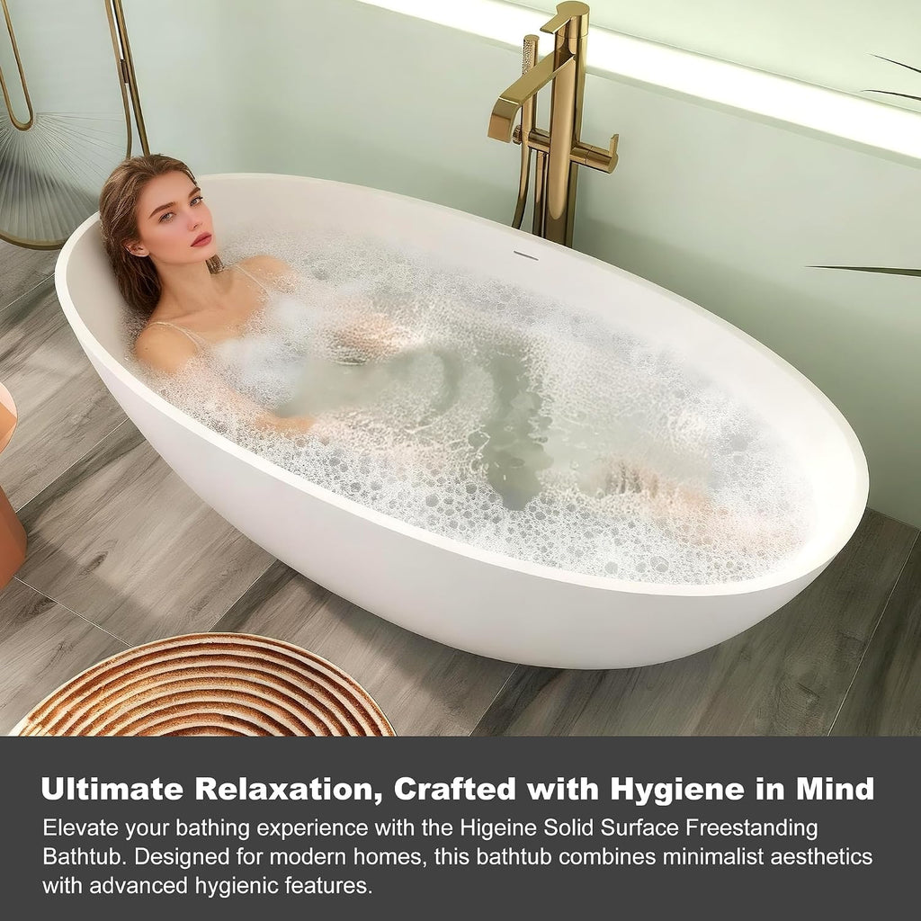 Upgraded 65' Solid Surface Freestanding Bathtub, Oval Stone Resin Tub with Overflow and Pop-up Drain, Matte White
