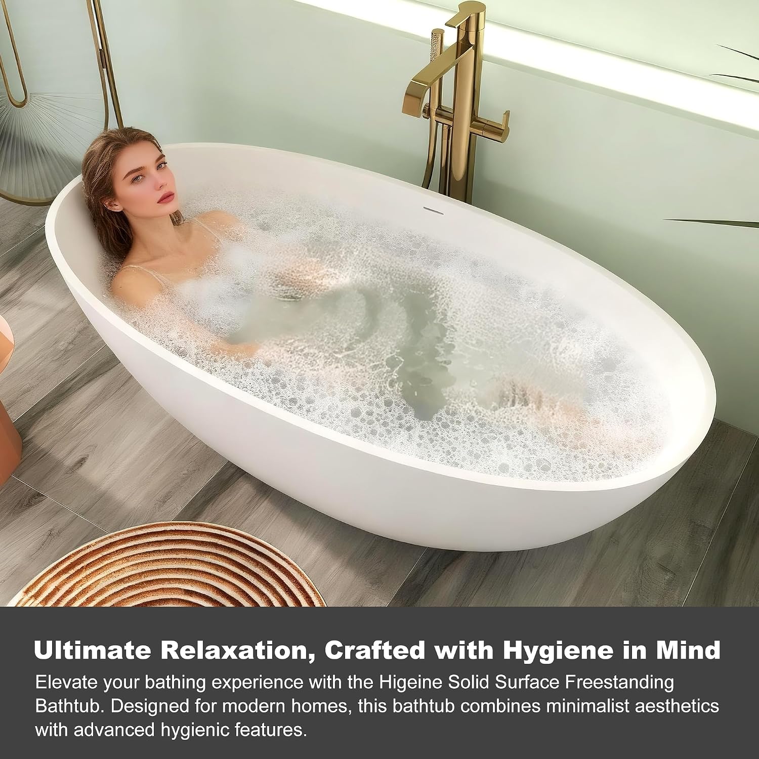 Upgraded 65' Solid Surface Freestanding Bathtub, Oval Stone Resin Tub with Overflow and Pop-up Drain, Matte White