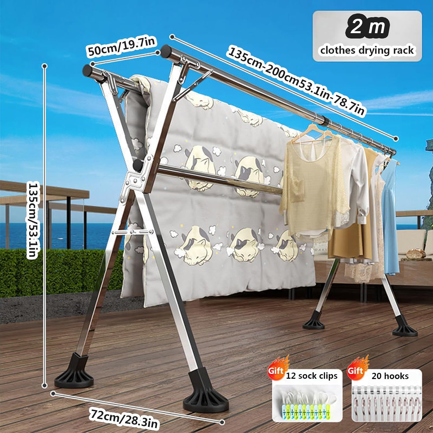 Upgraded Free Standing Clothes Rack Retractable, Foldable Drying Clothes Rack Heavy Duty Collapsible Garment Rack, 3 Poles Cloth Drying Rack with 20 Hooks and 12 Clips,1.35~2m (4.4~6.5ft)