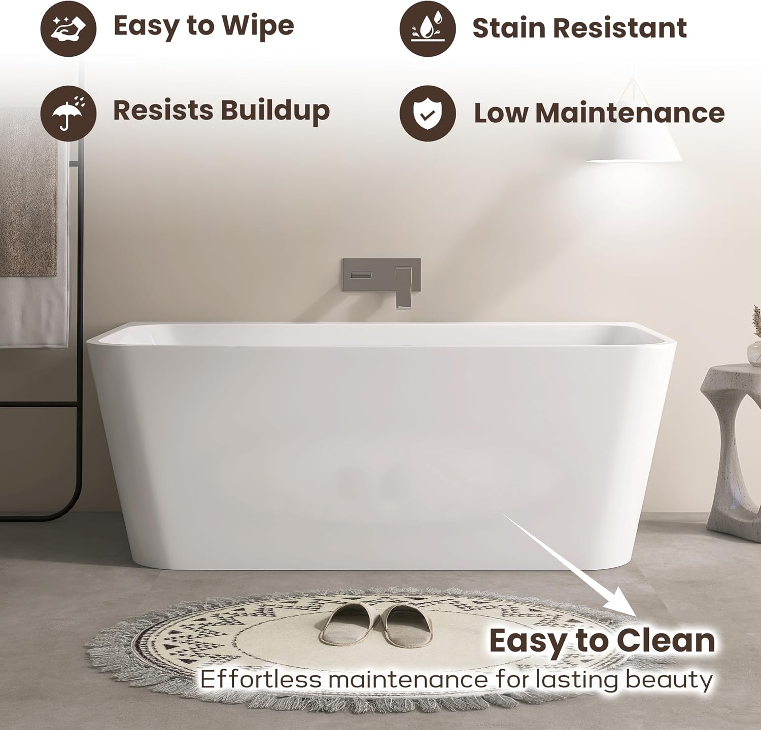 SJ STAR&JANE 59 Inch Acrylic Freestanding Bathtub,Modern Back to Wall Soaking Tub, Stand alone Acrylic Tub Integrated Center Drain & Overflow, Glossy White