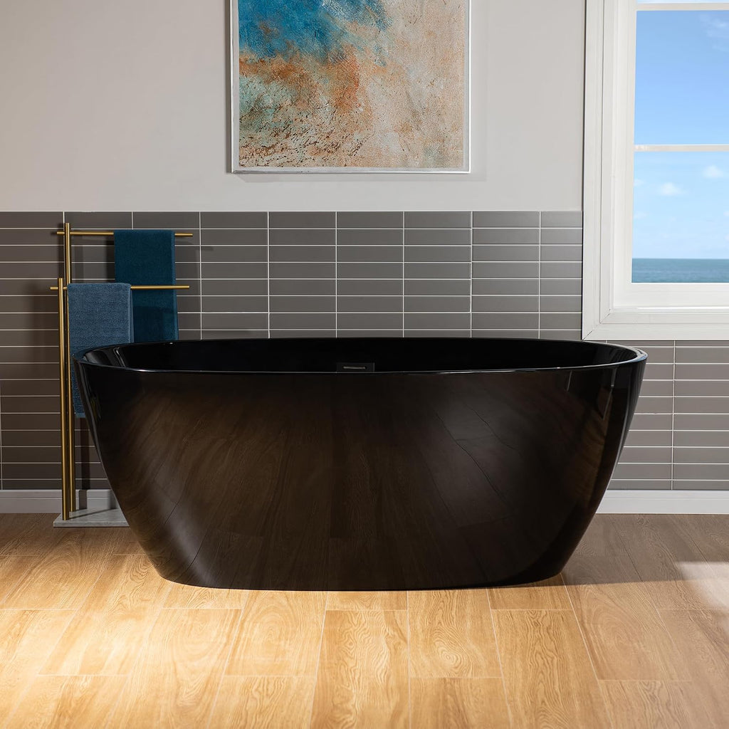 WOODBRIDGE 59' L x 31-1/2' W Freestanding Modern Acrylic Soaking Bathtub in Glossy Black Inside and Matte Black Drain & Overflow