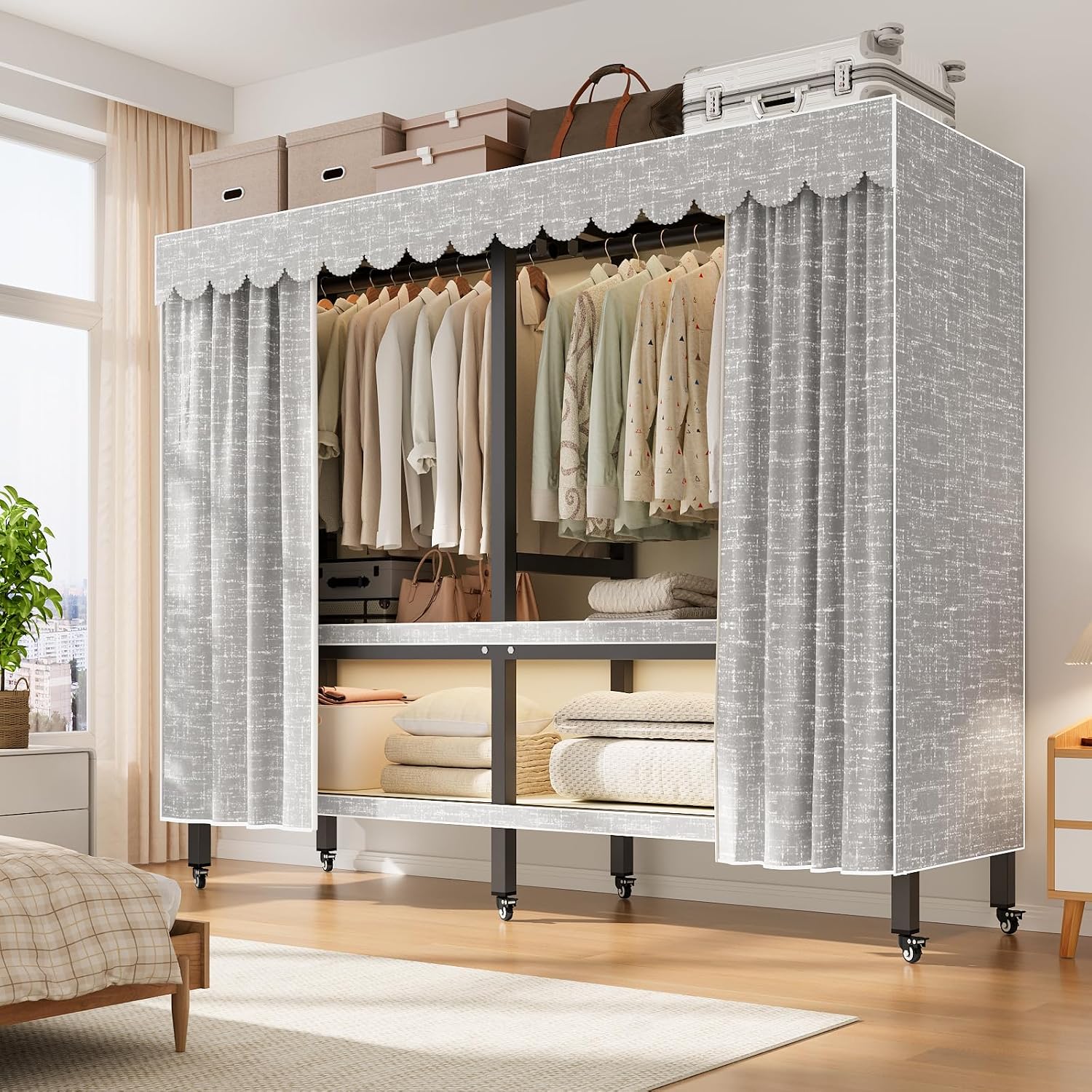 49.2in Foldable Heavy Duty Rolling Covered Metal Garment Rack on Lockable Wheels Large Capacity 360°Enclosed Portable Wardrobe Closet for Bedroom Hanging Clothes (D,Gray Cover, 125cm/49.2in)