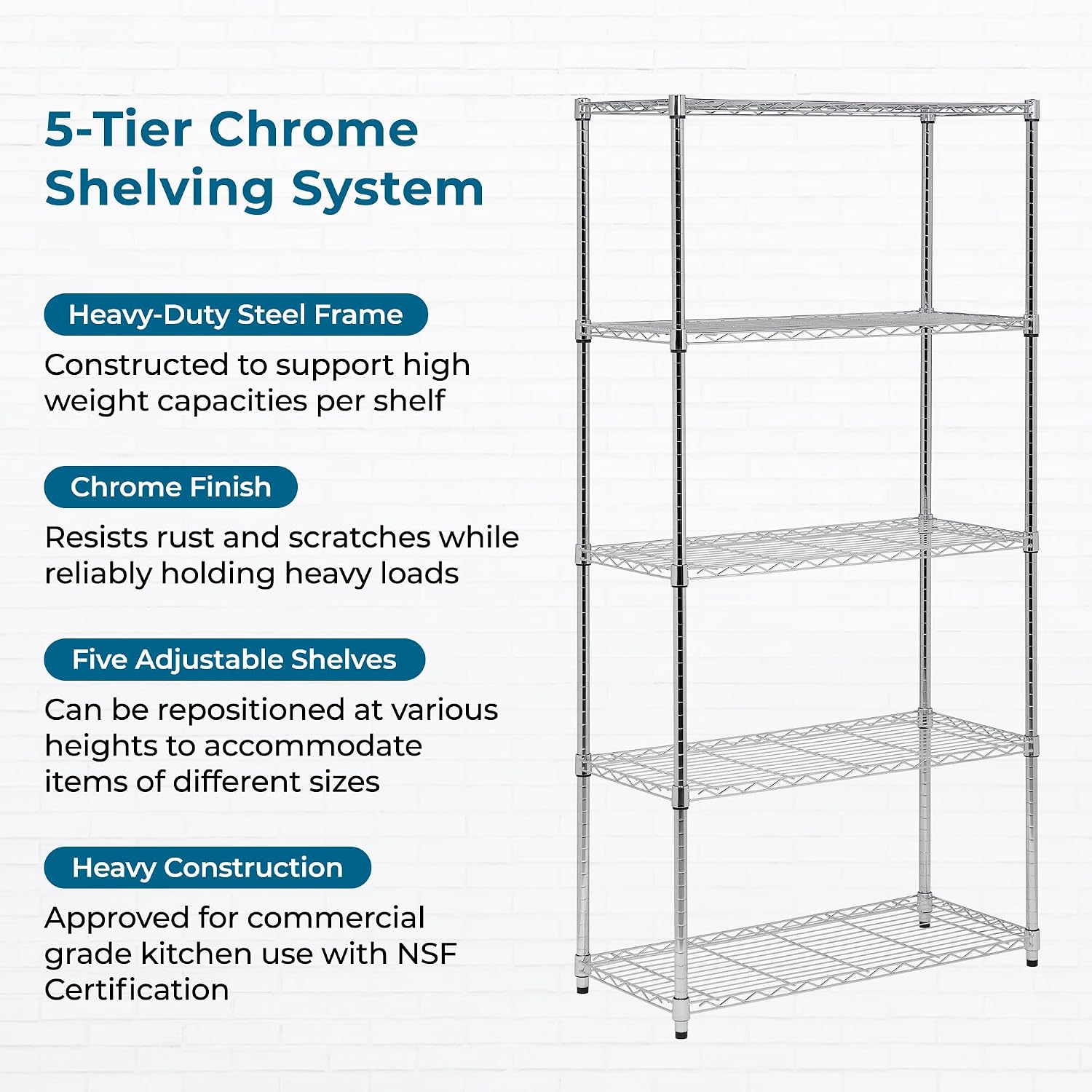 Honey-Can-Do 5-Tier Heavy Duty Adjustable Shelving Unit with Wheels, 350-lb Per Shelf NSF Certified Rolling Metal Storage Rack, Chrome Wire Shelf, 36 x 18 x 72 in